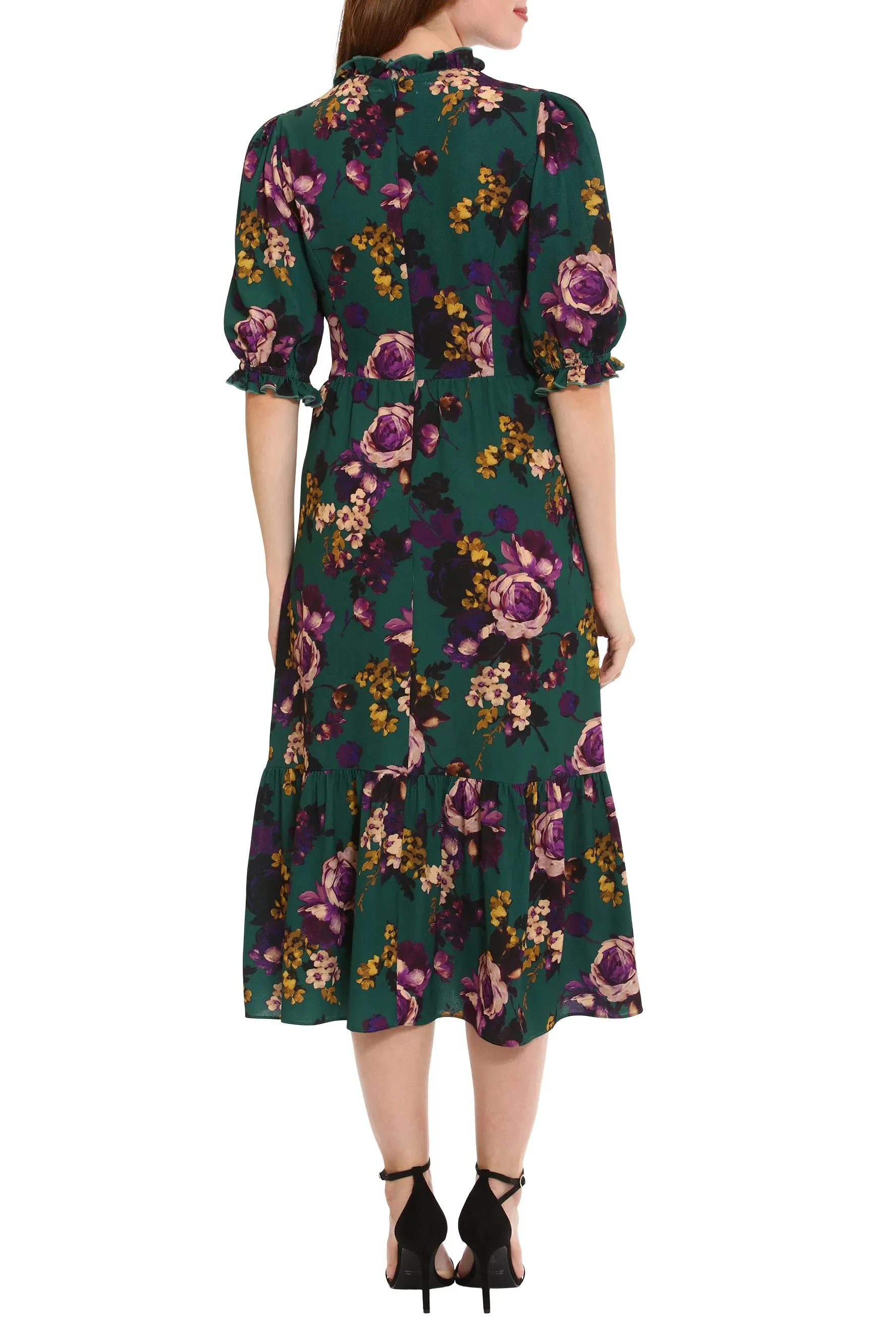 London Times mock neck elbow sleeve smocked bodice zipper closure printed bubble crepe dress