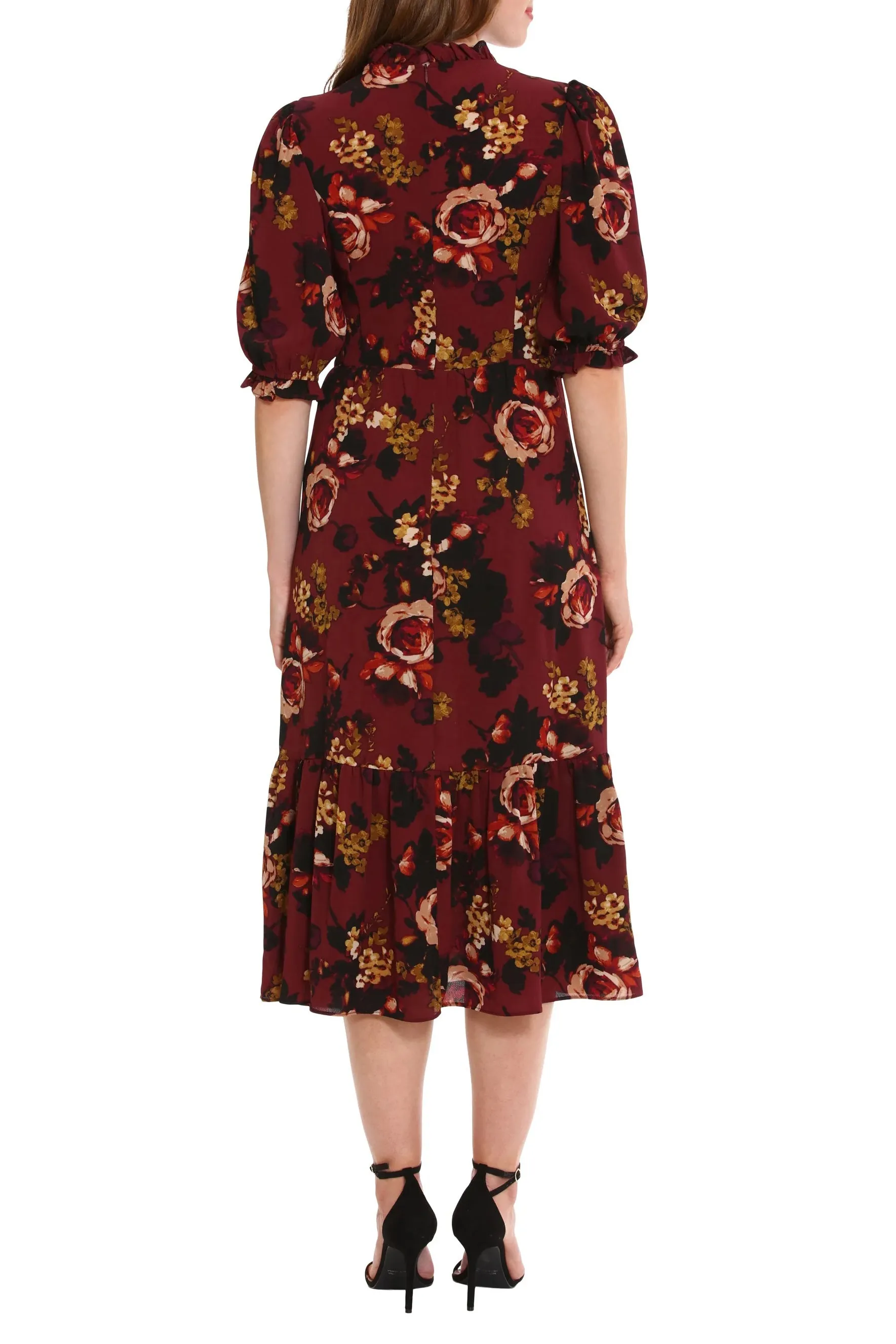 London Times mock neck elbow sleeve smocked bodice zipper closure printed bubble crepe dress