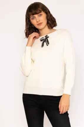 Long Sleeve Bow Knit Jumper in Ivory