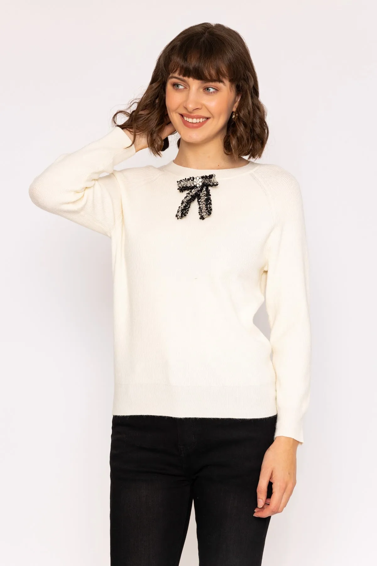 Long Sleeve Bow Knit Jumper in Ivory