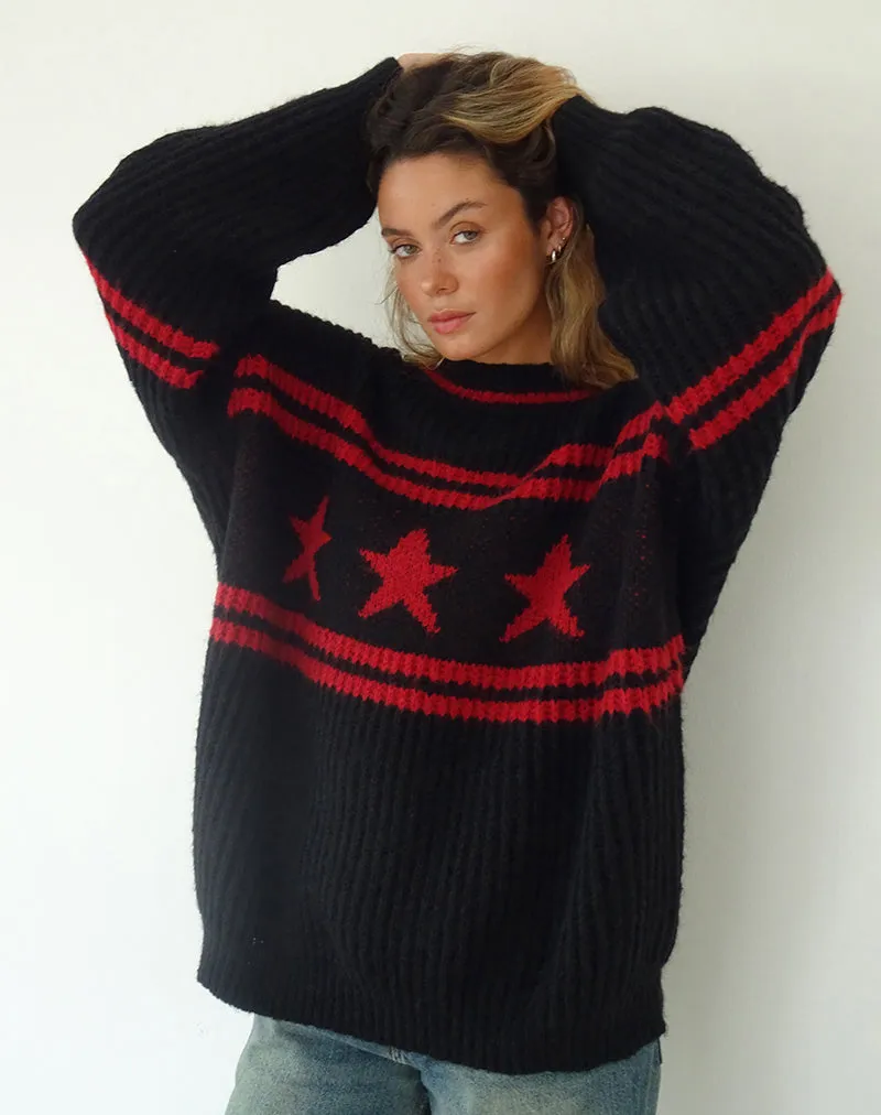 Lulees Oversized Jumper in Black with Red Star and Stripes