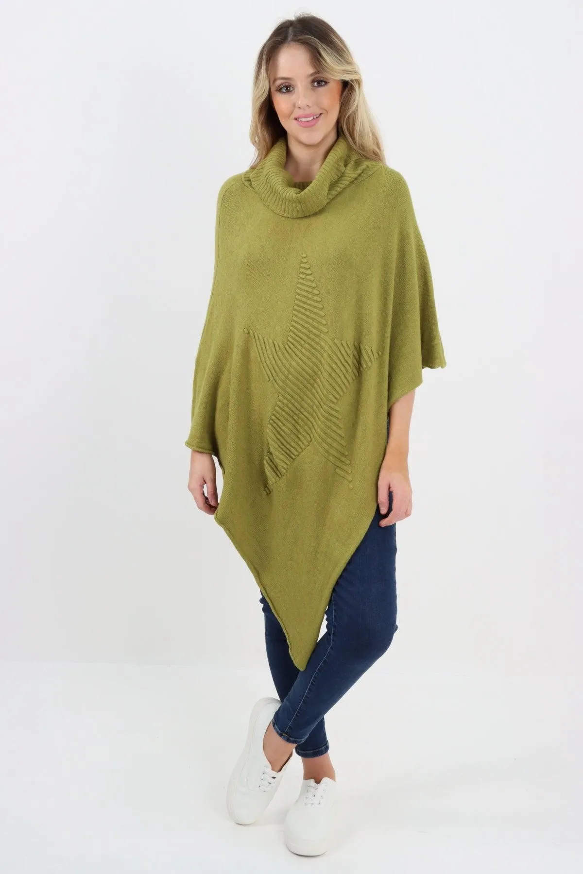 Made In Italy Star Ribbed Cowl Neck Poncho Top