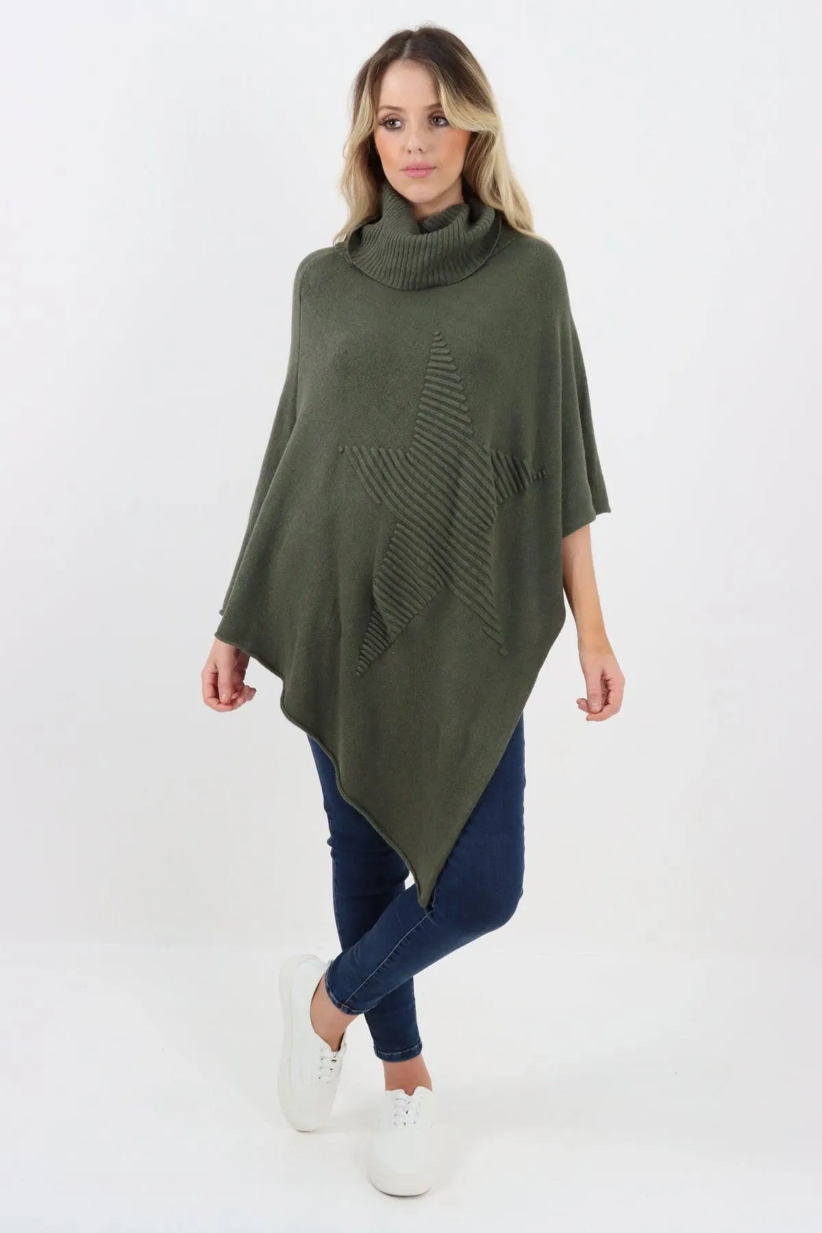 Made In Italy Star Ribbed Cowl Neck Poncho Top