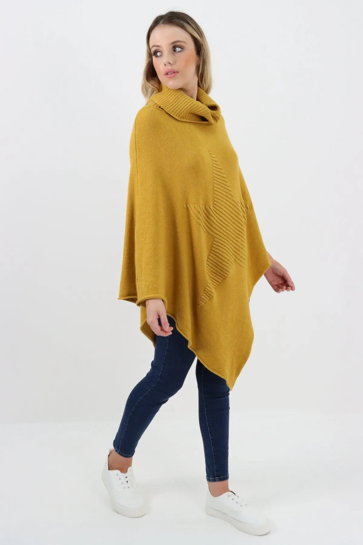 Made In Italy Star Ribbed Cowl Neck Poncho Top