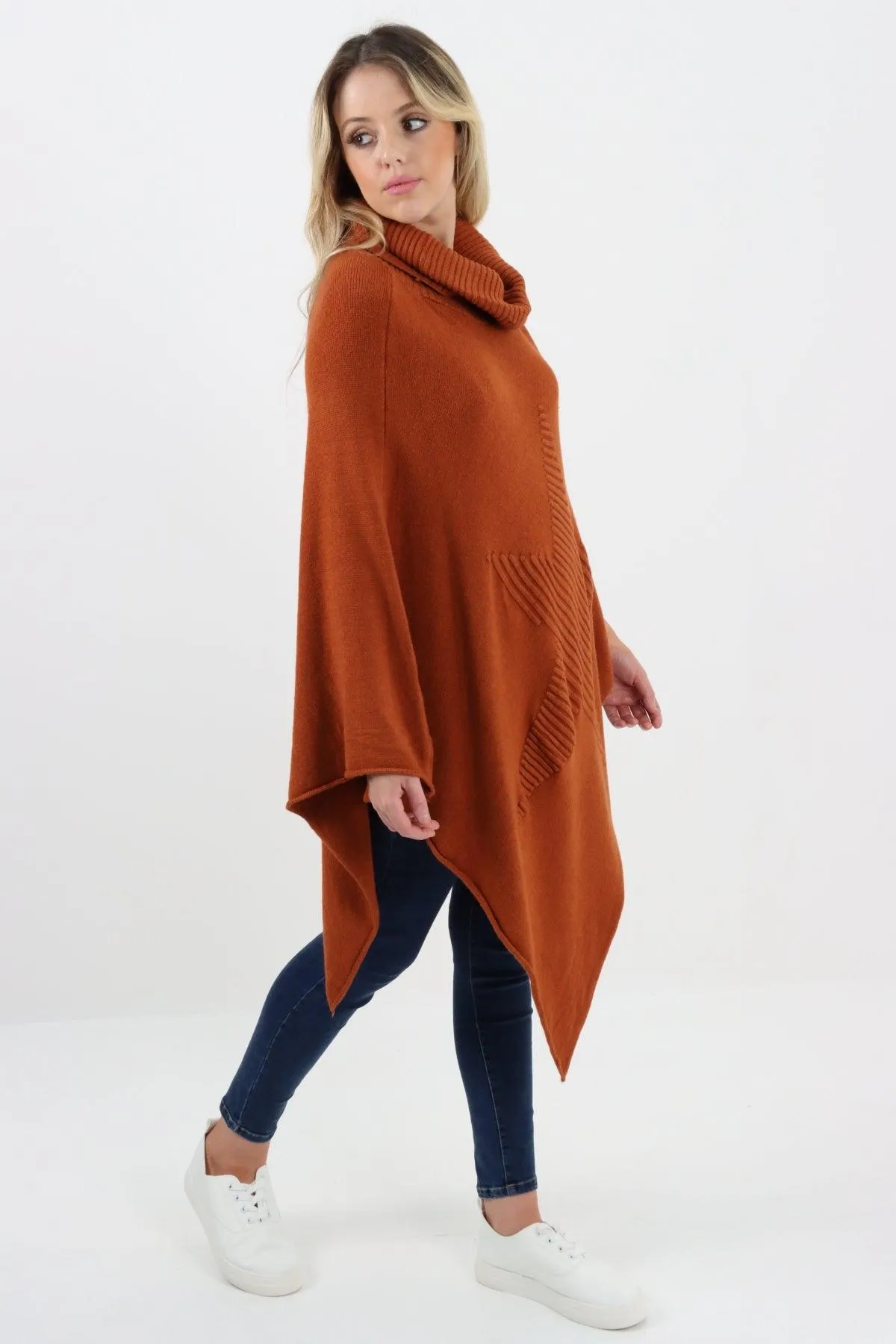 Made In Italy Star Ribbed Cowl Neck Poncho Top