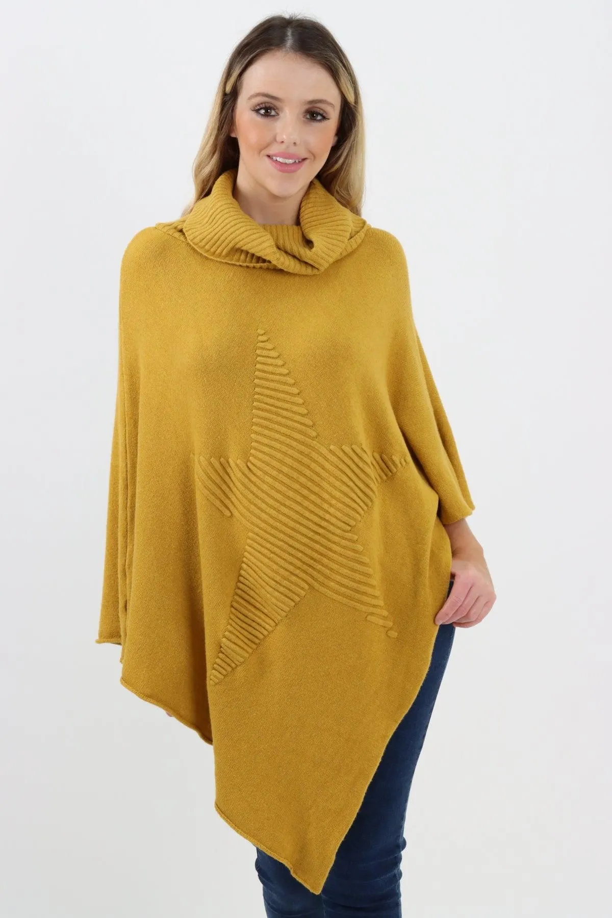 Made In Italy Star Ribbed Cowl Neck Poncho Top