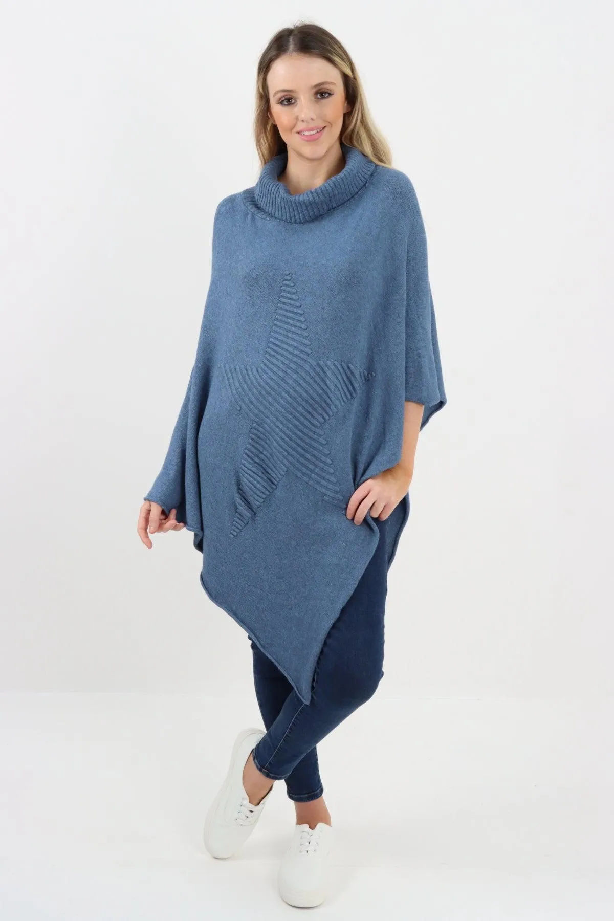 Made In Italy Star Ribbed Cowl Neck Poncho Top