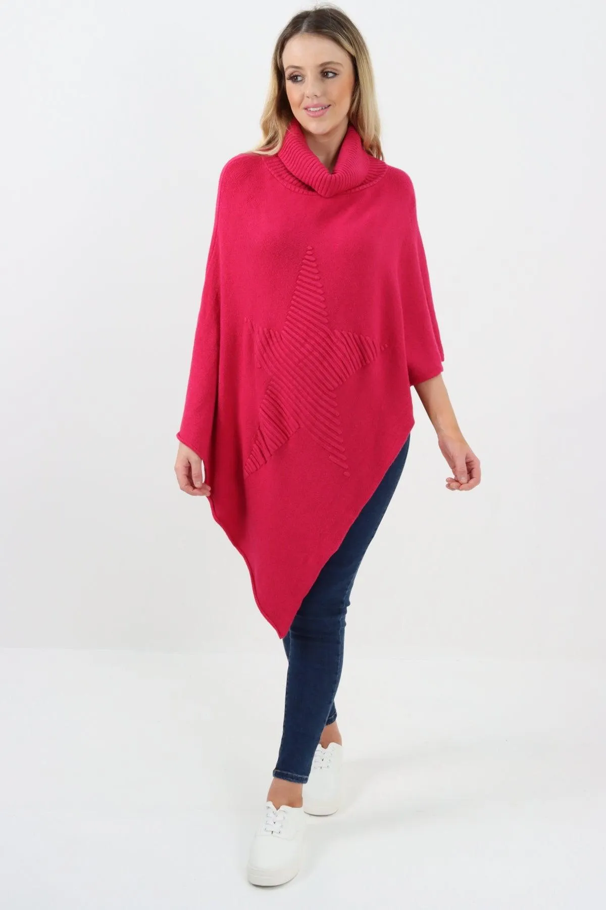 Made In Italy Star Ribbed Cowl Neck Poncho Top