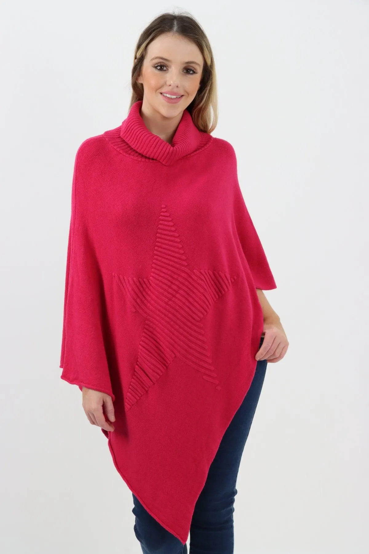 Made In Italy Star Ribbed Cowl Neck Poncho Top