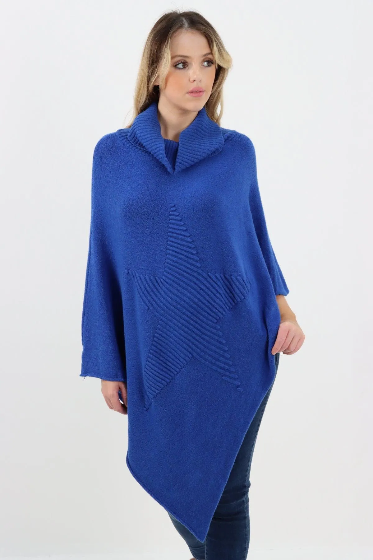 Made In Italy Star Ribbed Cowl Neck Poncho Top