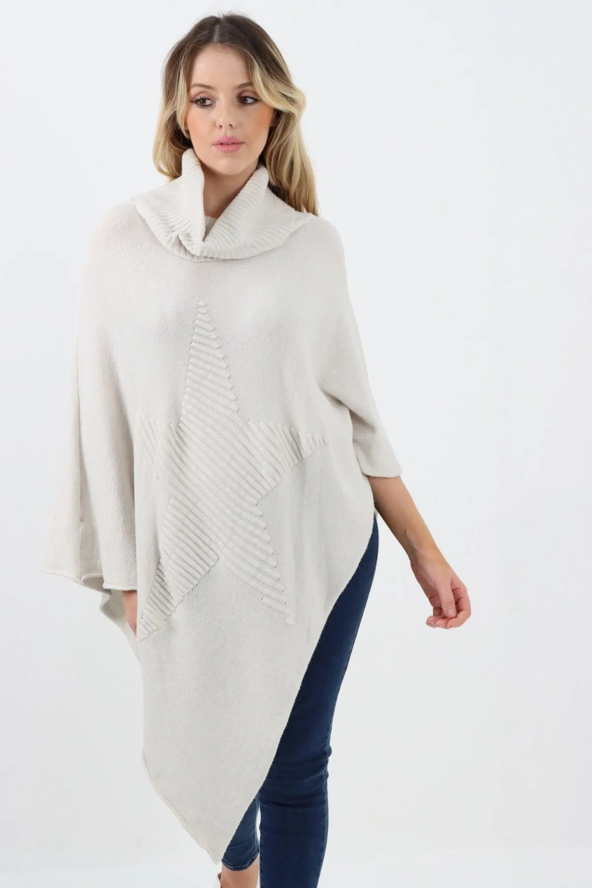 Made In Italy Star Ribbed Cowl Neck Poncho Top