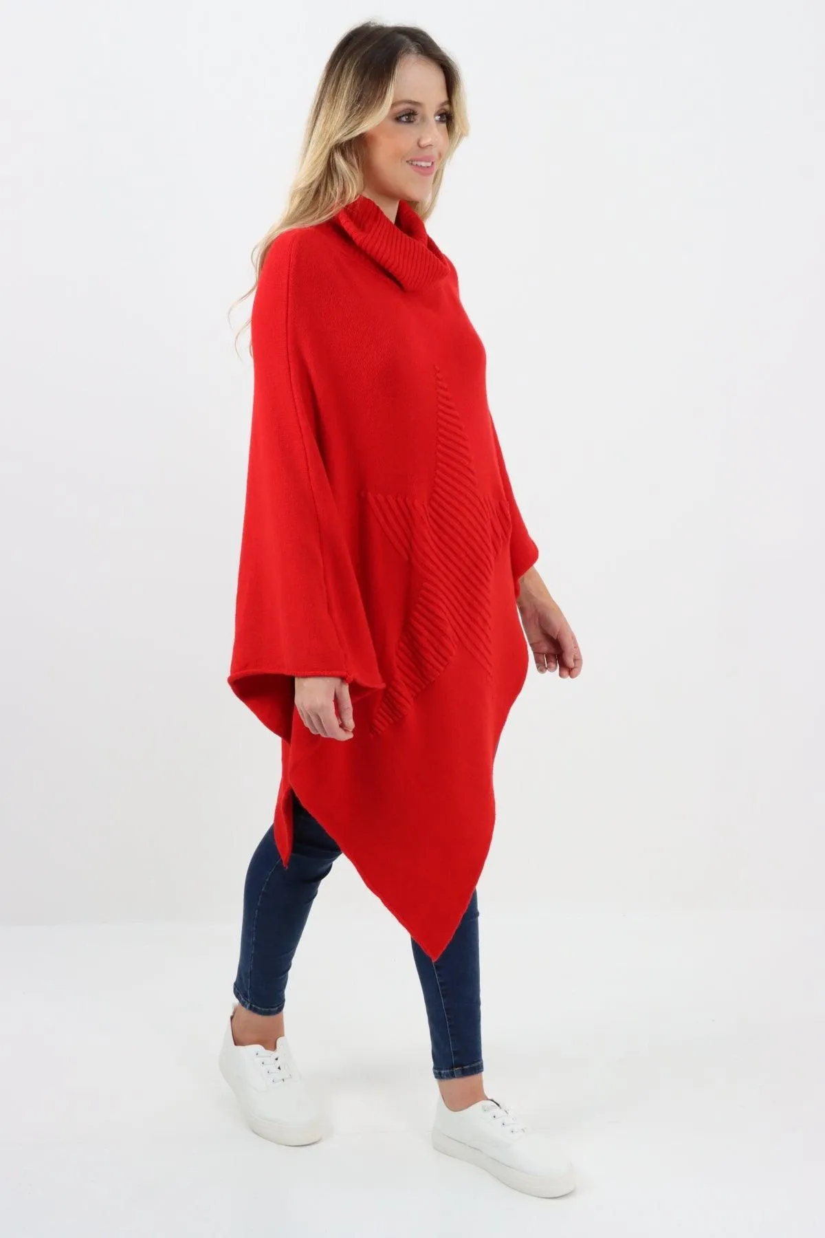 Made In Italy Star Ribbed Cowl Neck Poncho Top