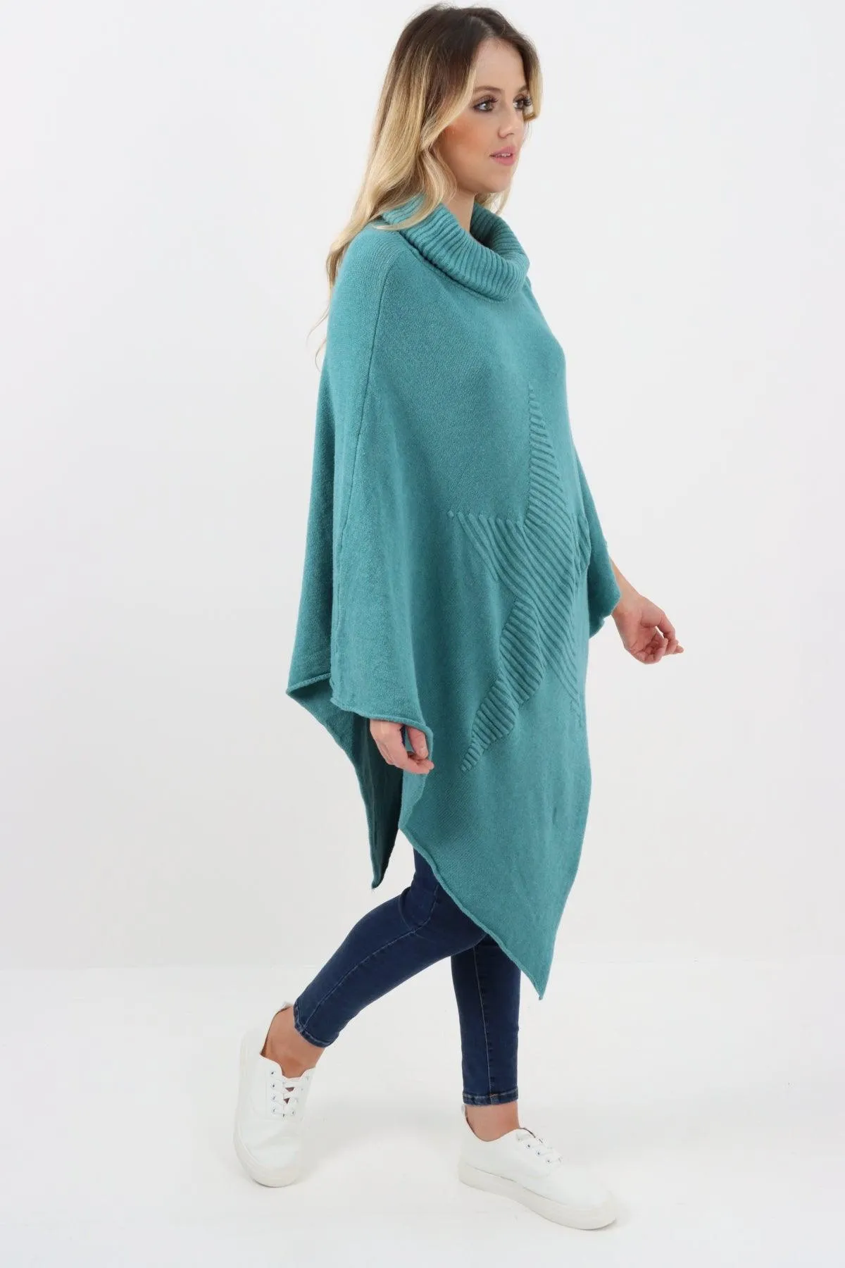 Made In Italy Star Ribbed Cowl Neck Poncho Top