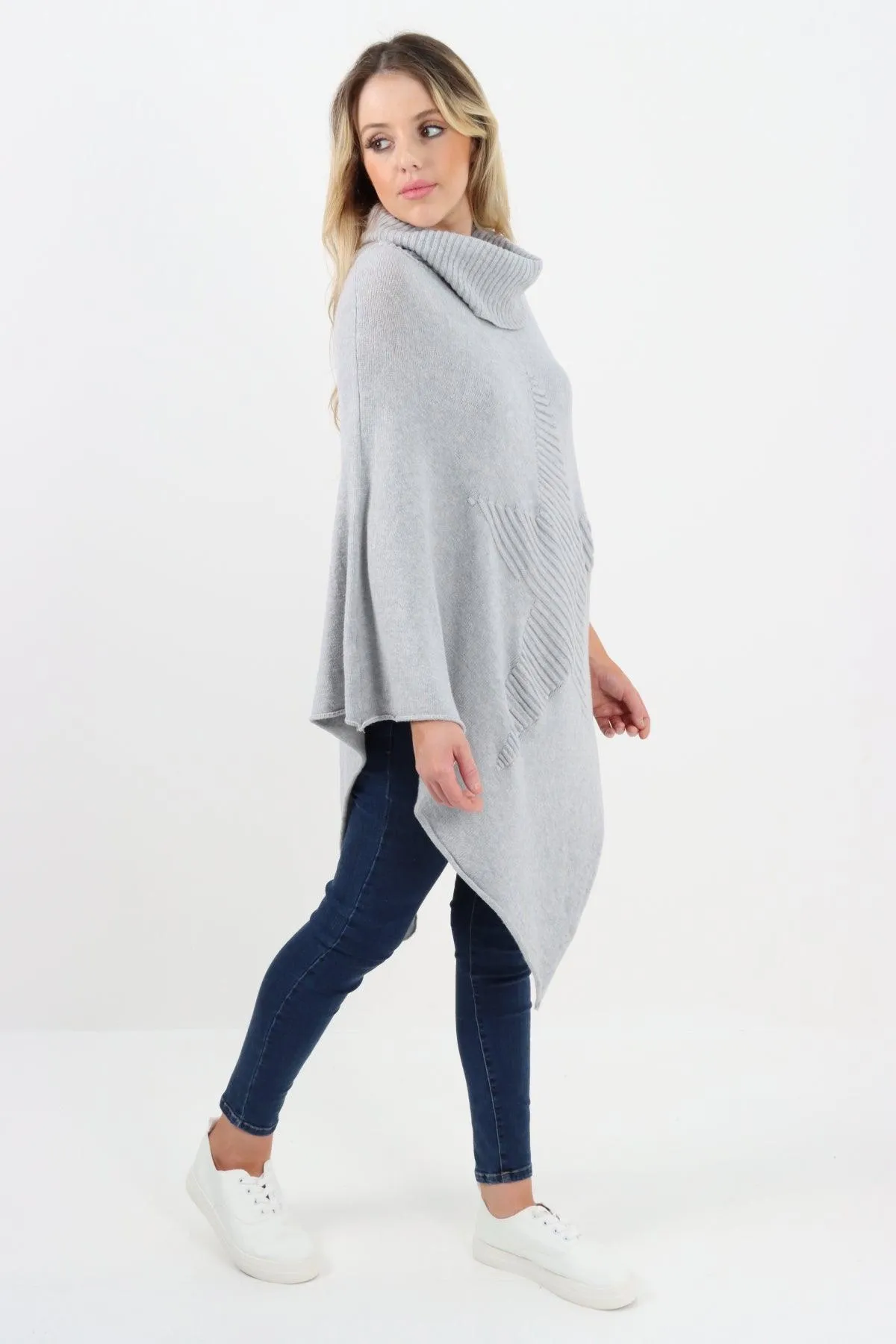 Made In Italy Star Ribbed Cowl Neck Poncho Top