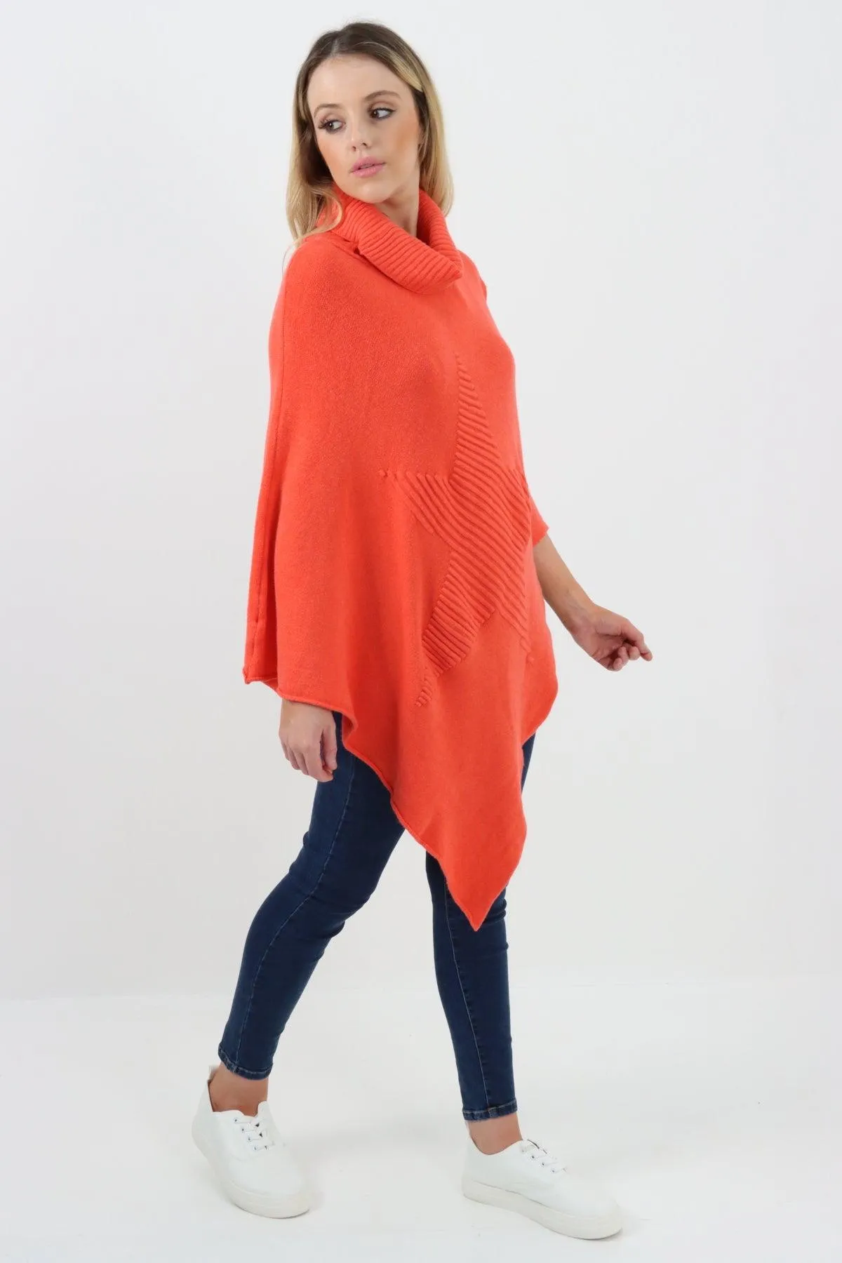 Made In Italy Star Ribbed Cowl Neck Poncho Top