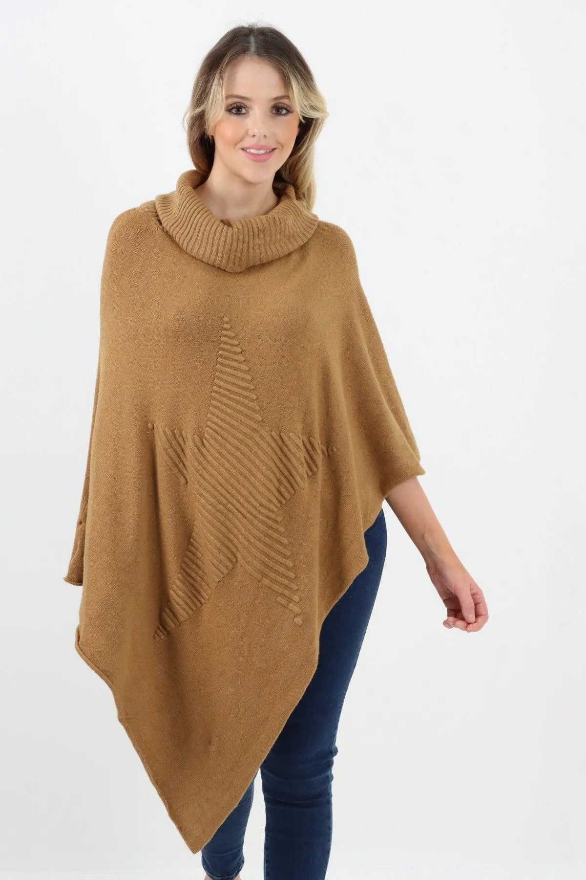 Made In Italy Star Ribbed Cowl Neck Poncho Top