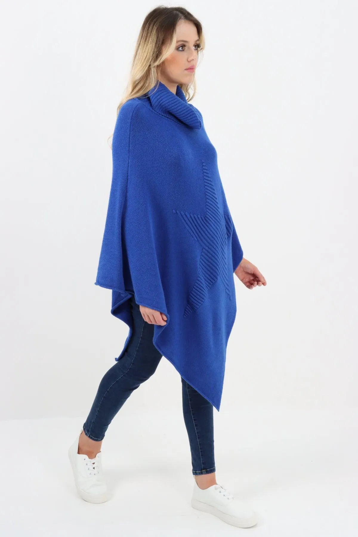 Made In Italy Star Ribbed Cowl Neck Poncho Top