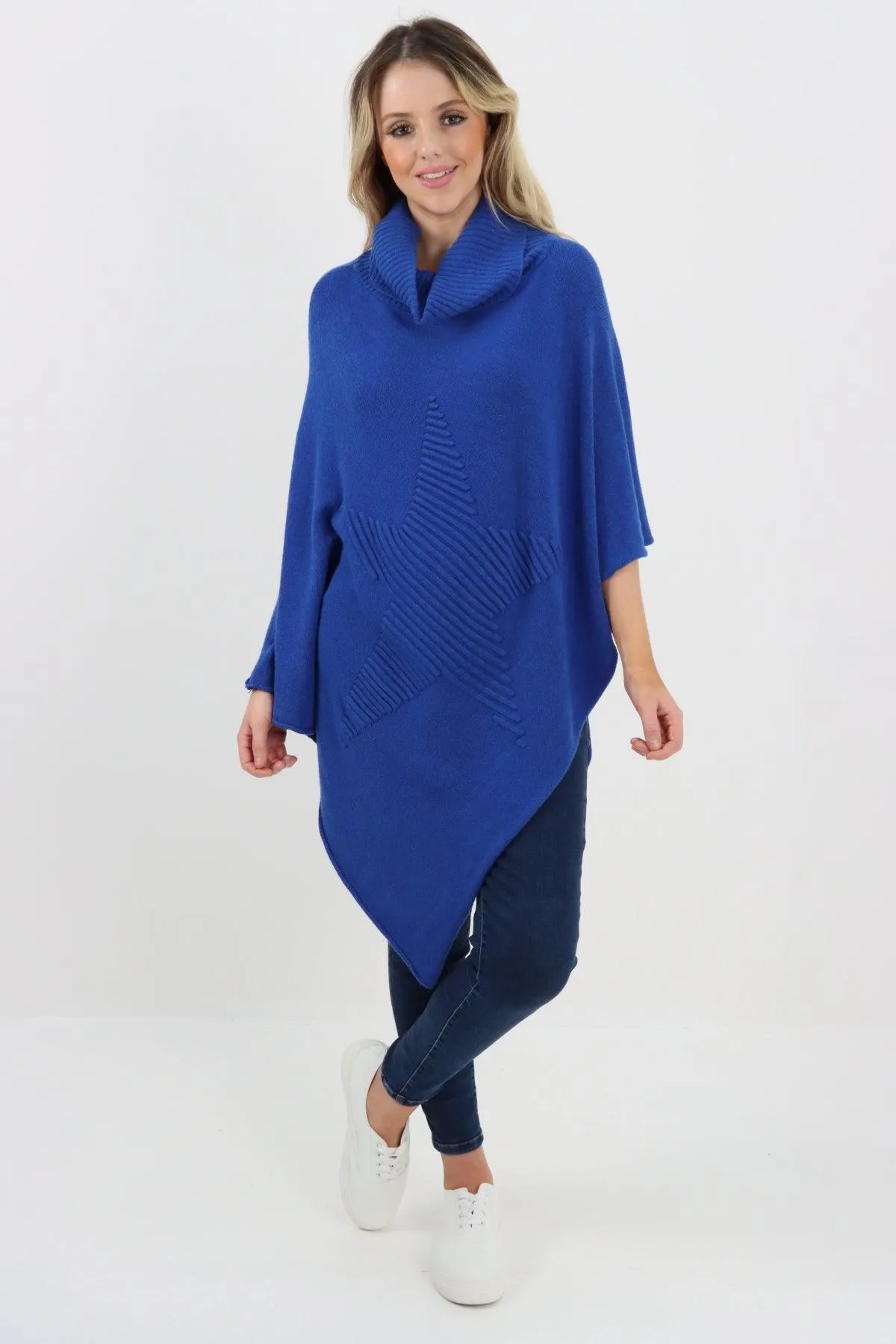 Made In Italy Star Ribbed Cowl Neck Poncho Top