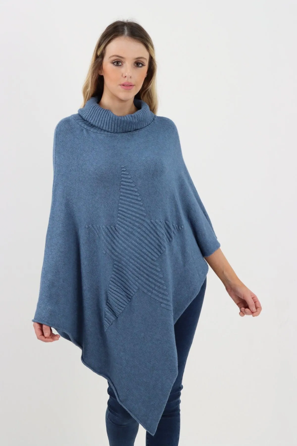 Made In Italy Star Ribbed Cowl Neck Poncho Top