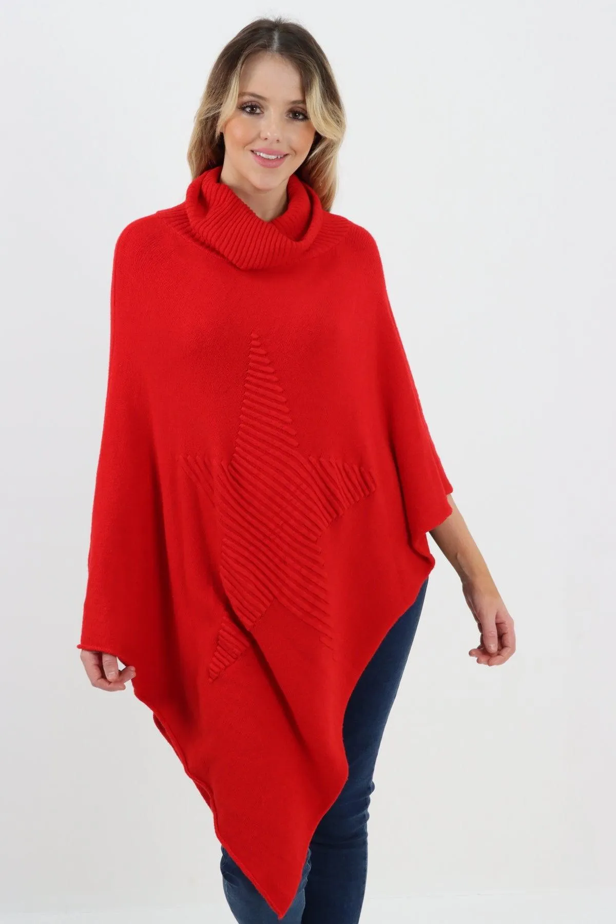 Made In Italy Star Ribbed Cowl Neck Poncho Top