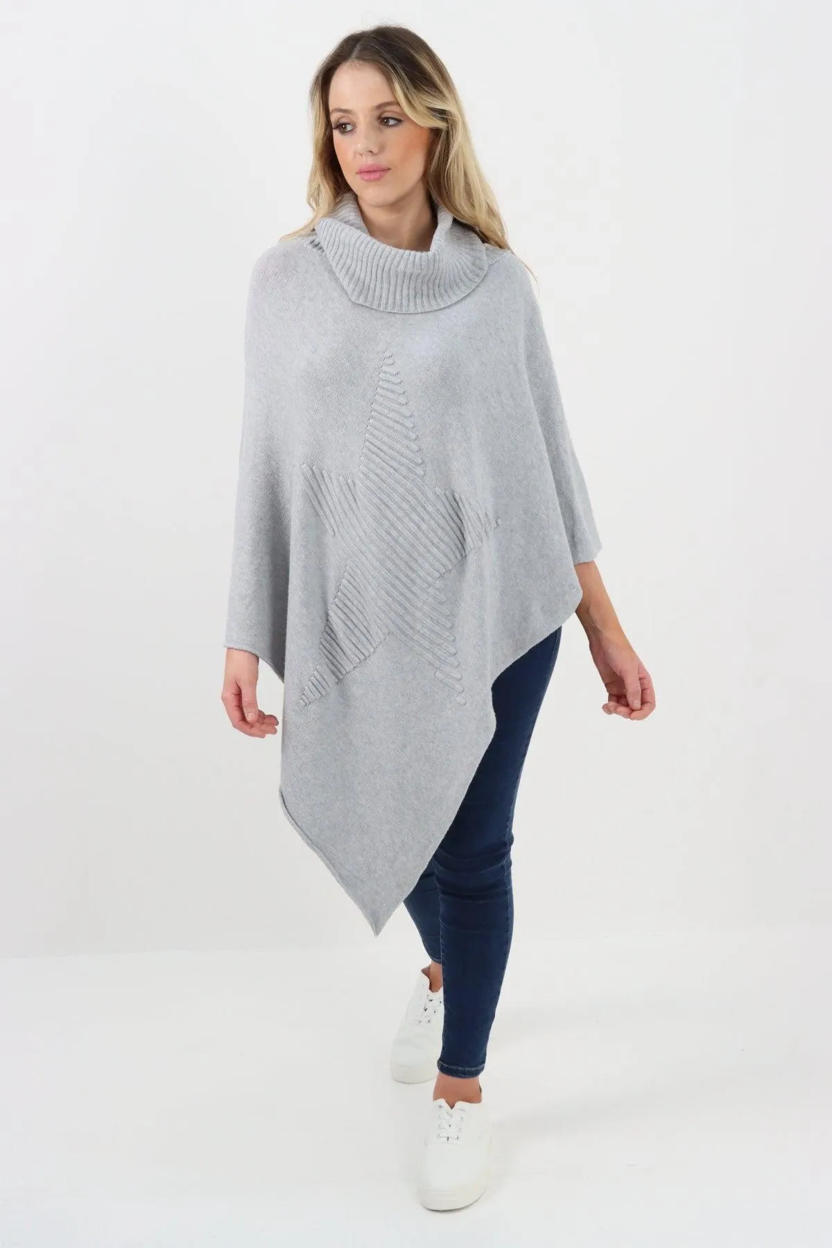 Made In Italy Star Ribbed Cowl Neck Poncho Top