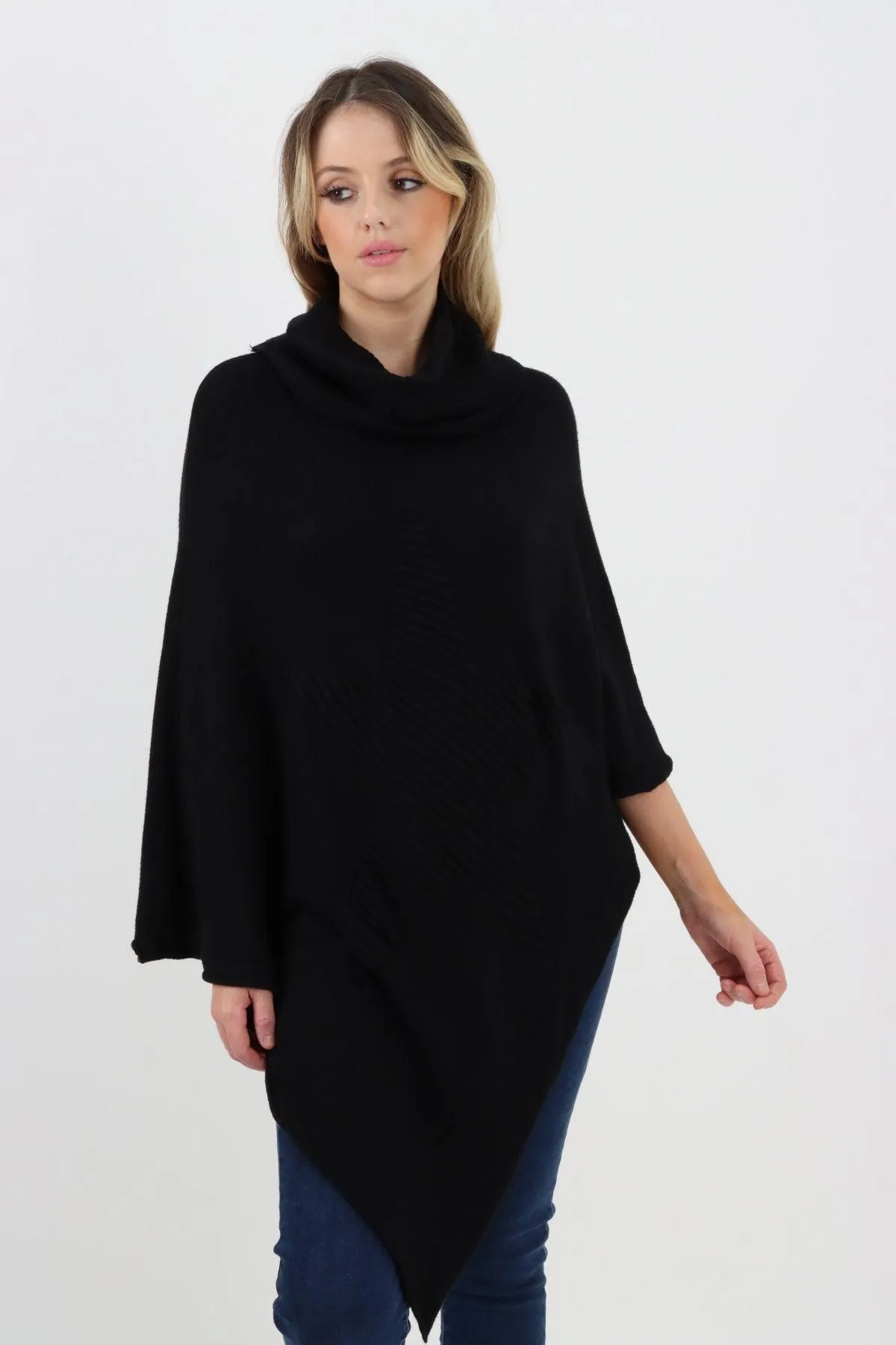 Made In Italy Star Ribbed Cowl Neck Poncho Top