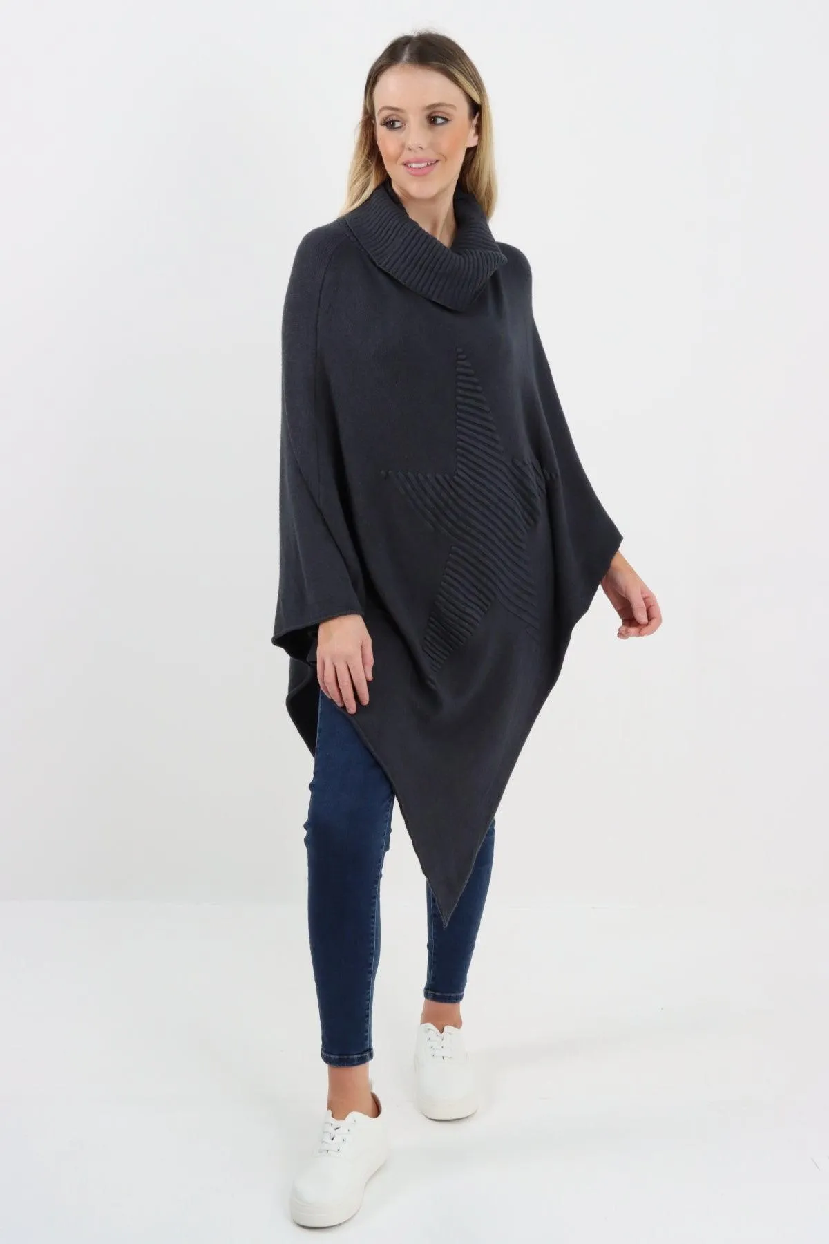 Made In Italy Star Ribbed Cowl Neck Poncho Top