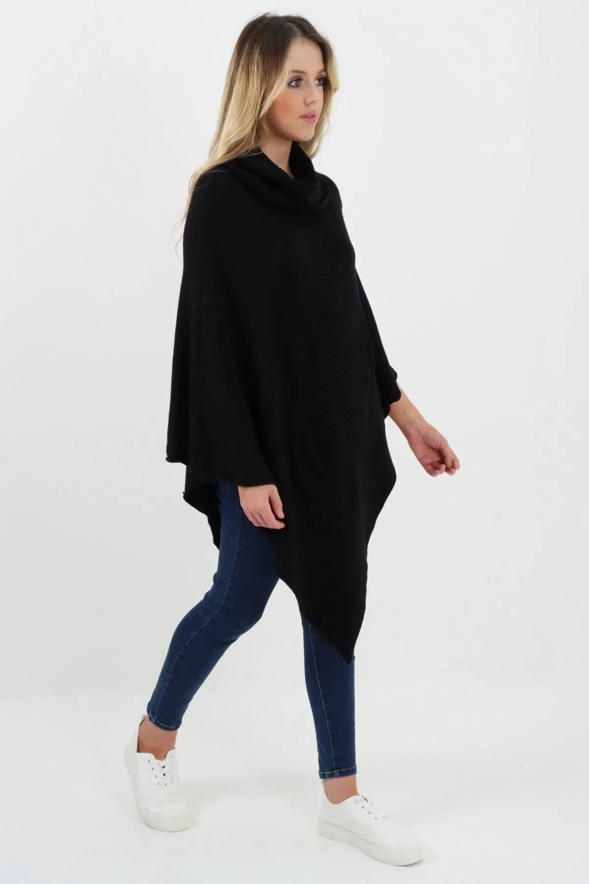 Made In Italy Star Ribbed Cowl Neck Poncho Top