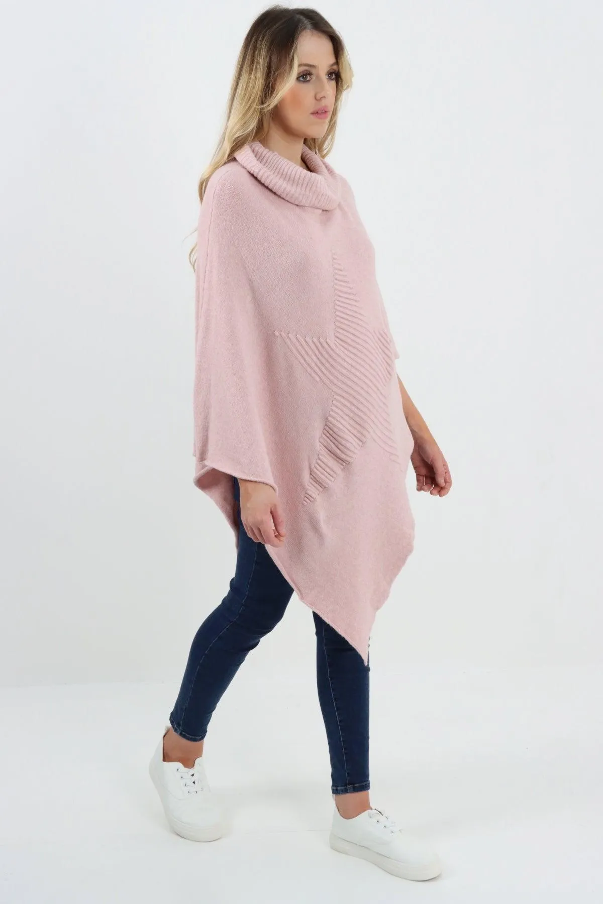 Made In Italy Star Ribbed Cowl Neck Poncho Top