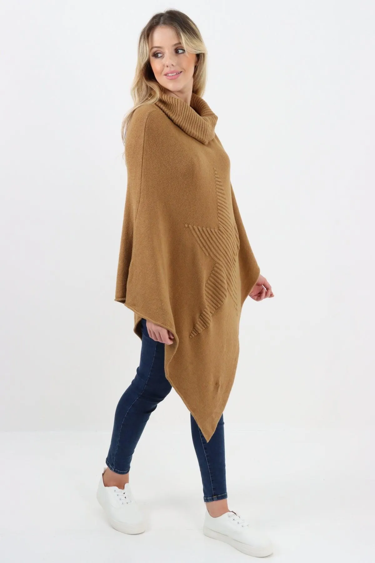 Made In Italy Star Ribbed Cowl Neck Poncho Top