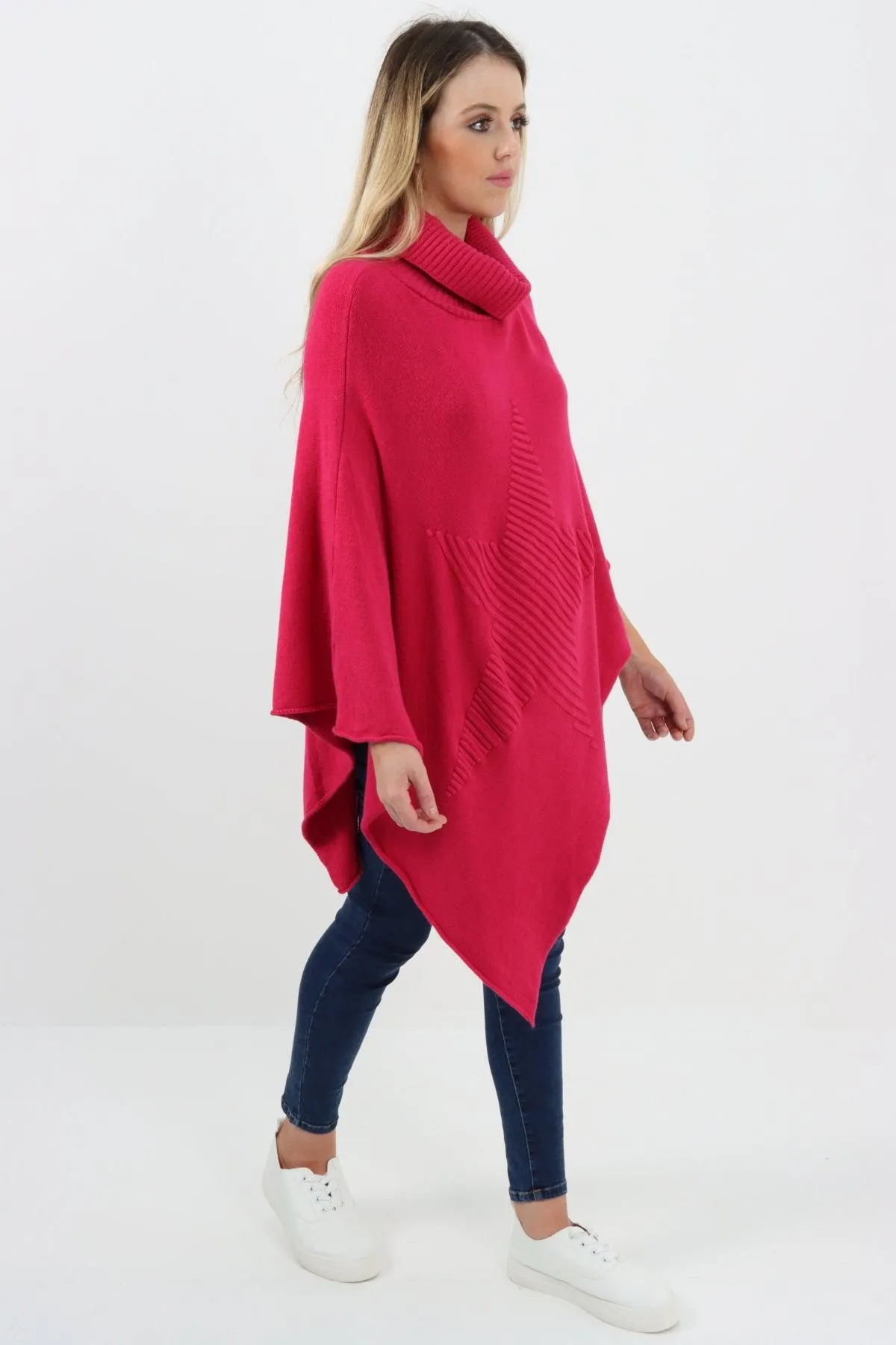 Made In Italy Star Ribbed Cowl Neck Poncho Top