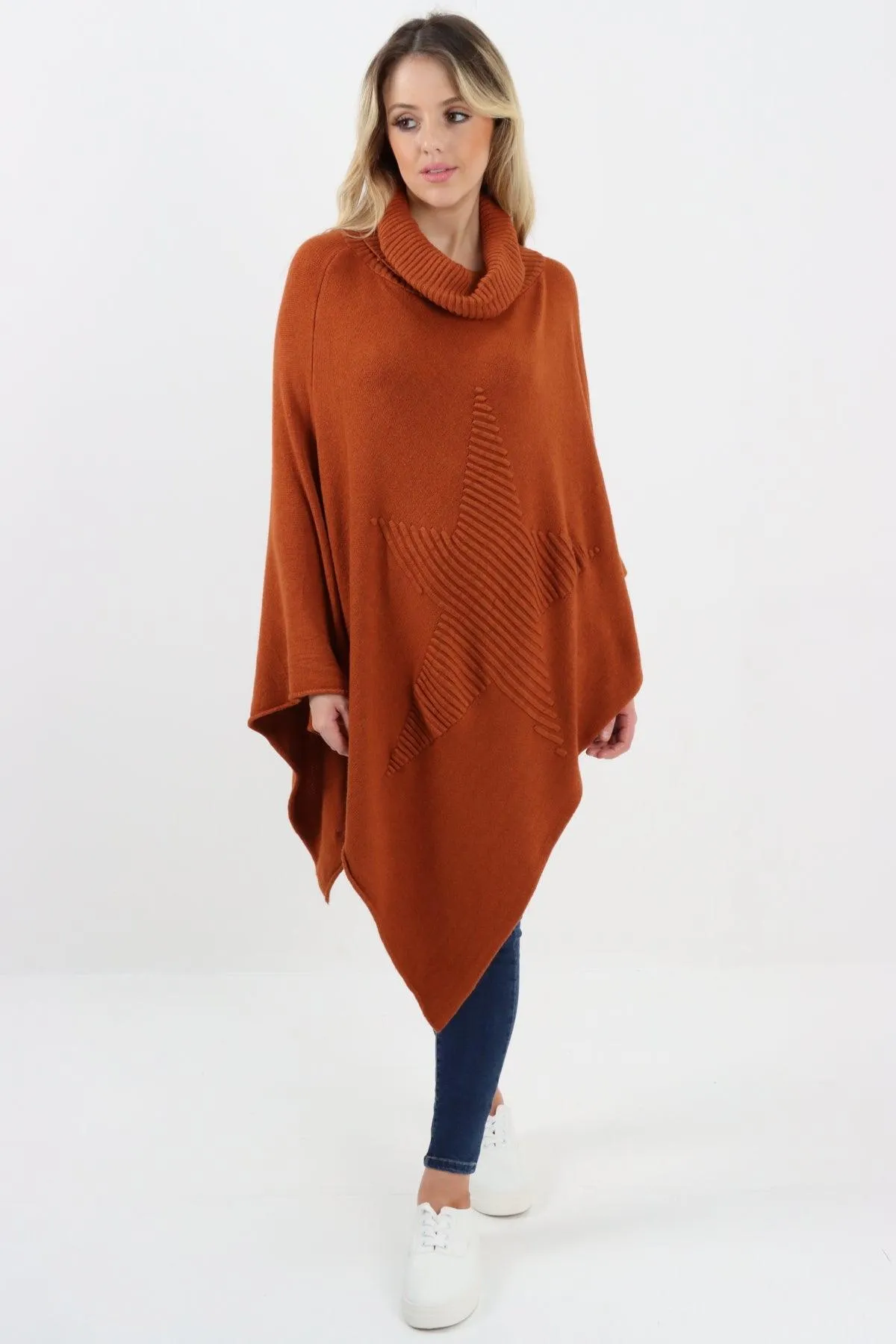 Made In Italy Star Ribbed Cowl Neck Poncho Top