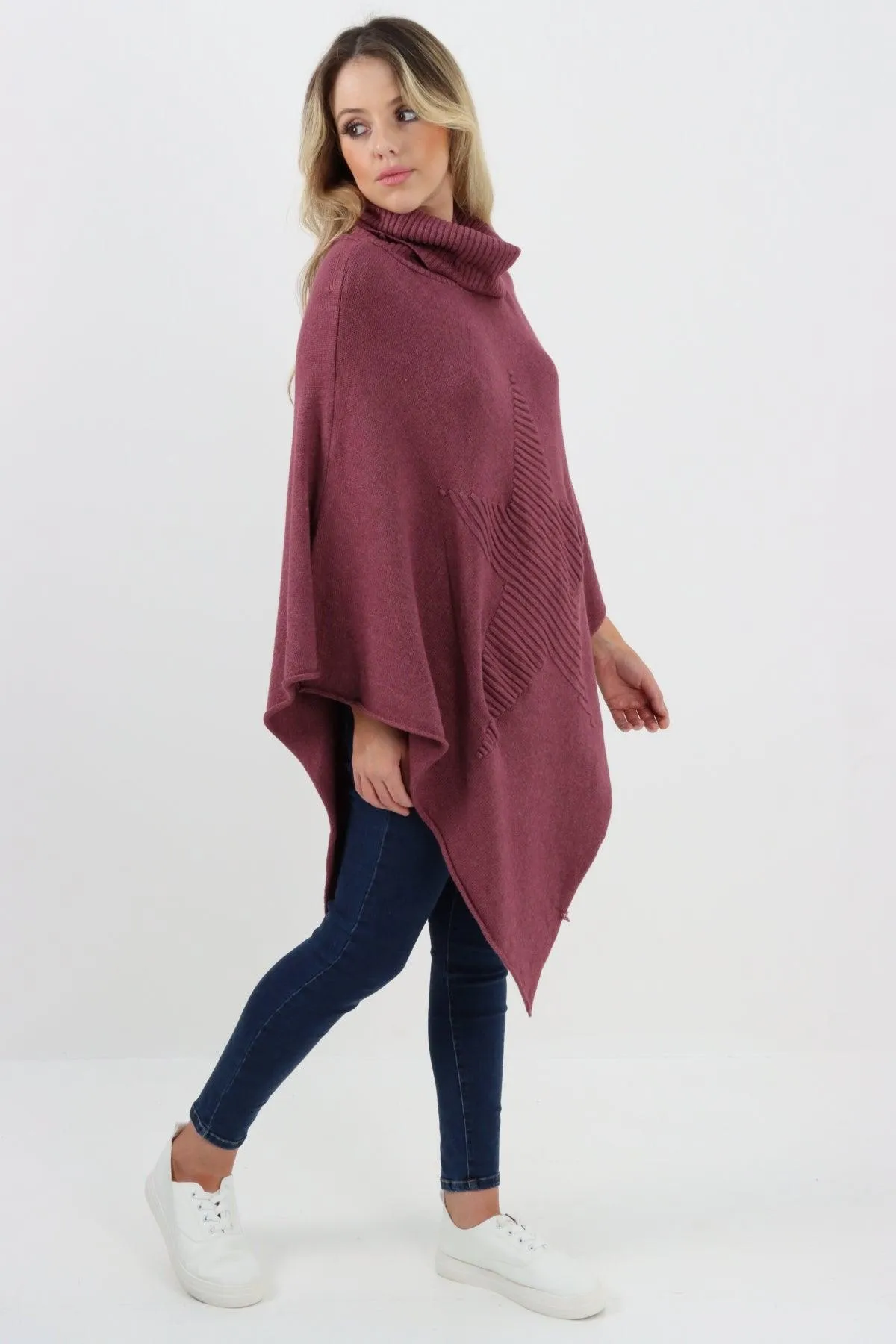 Made In Italy Star Ribbed Cowl Neck Poncho Top