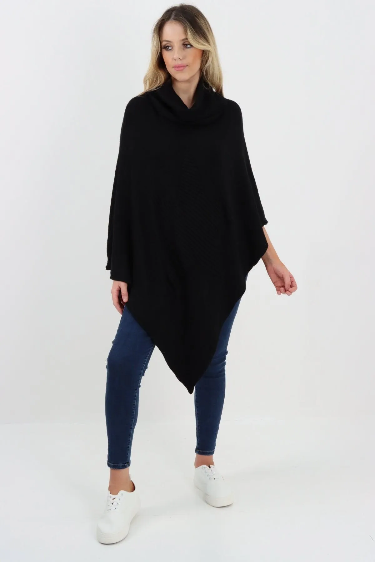 Made In Italy Star Ribbed Cowl Neck Poncho Top