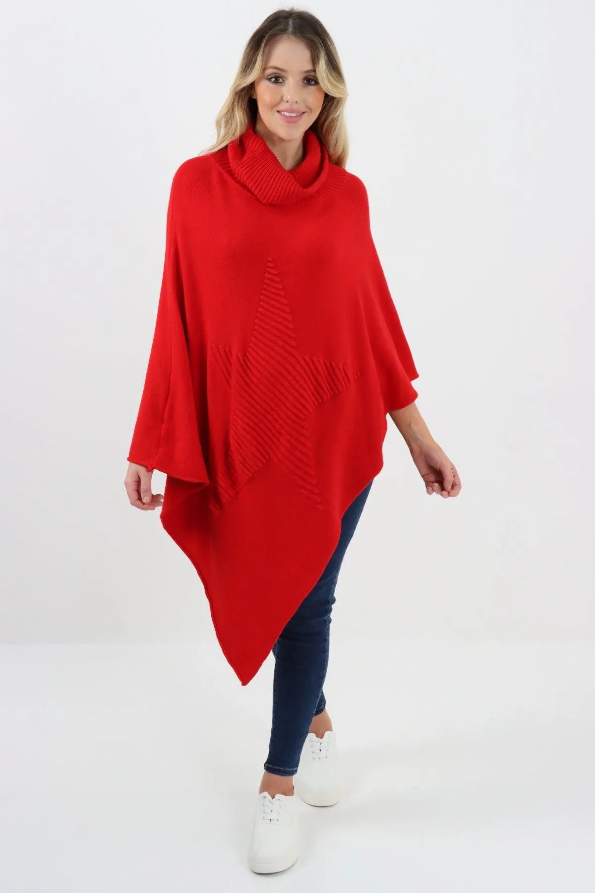 Made In Italy Star Ribbed Cowl Neck Poncho Top