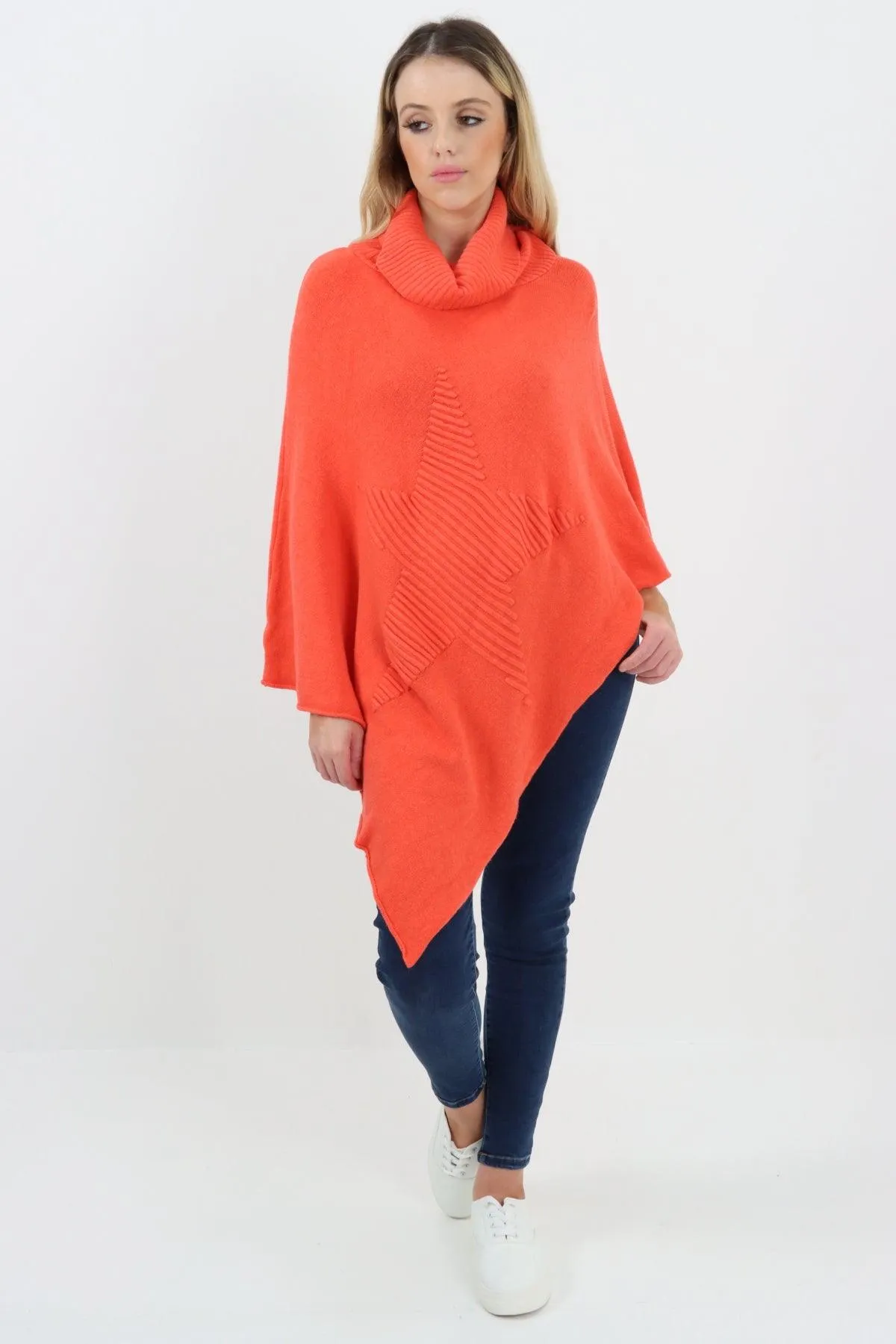 Made In Italy Star Ribbed Cowl Neck Poncho Top