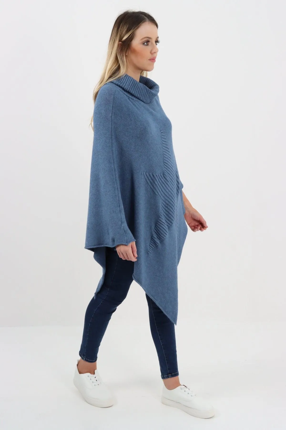 Made In Italy Star Ribbed Cowl Neck Poncho Top