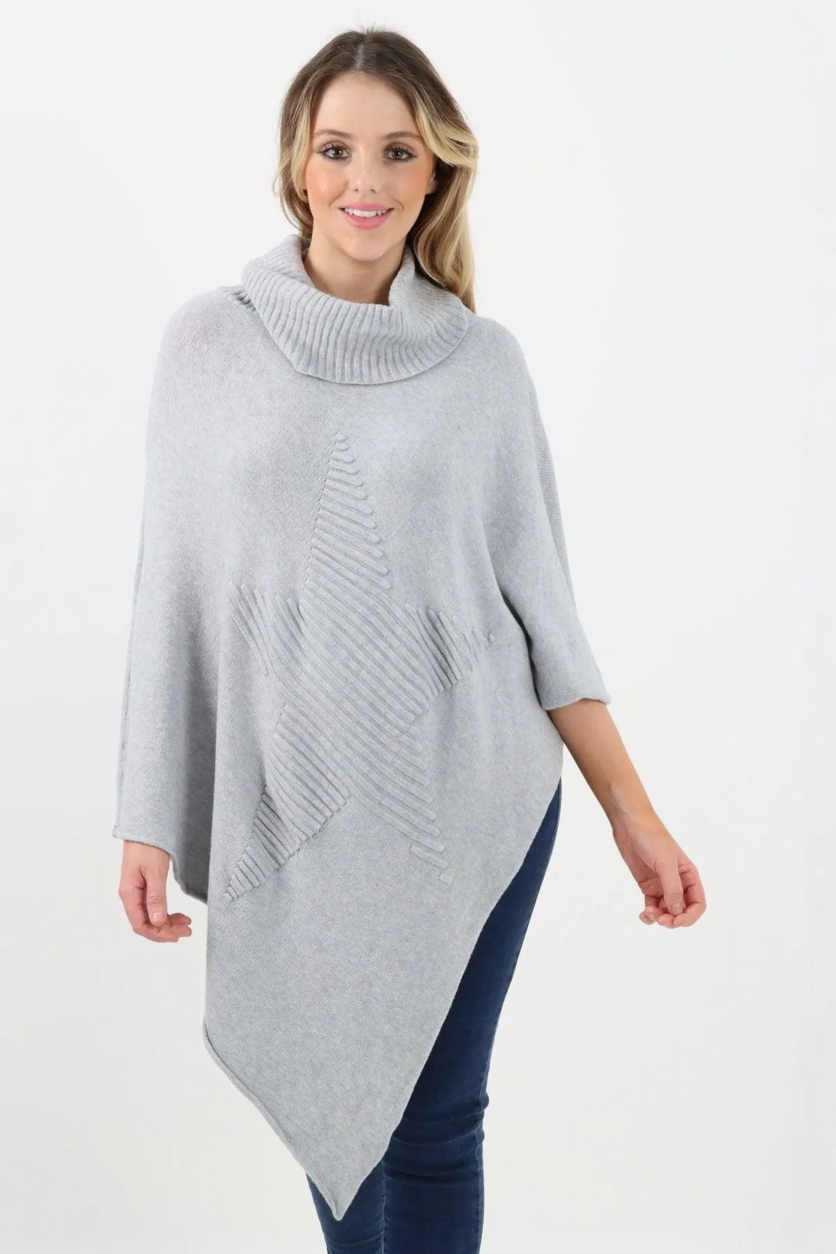 Made In Italy Star Ribbed Cowl Neck Poncho Top