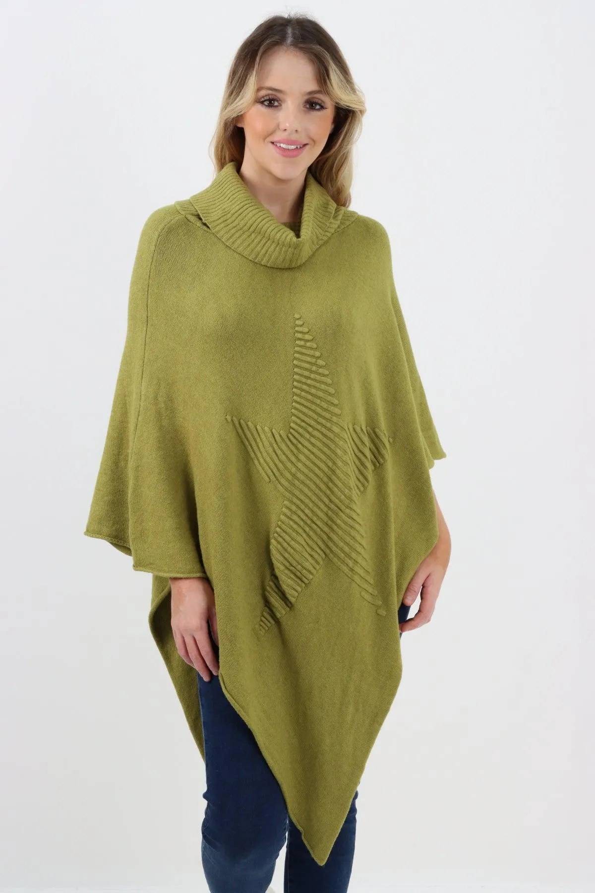 Made In Italy Star Ribbed Cowl Neck Poncho Top