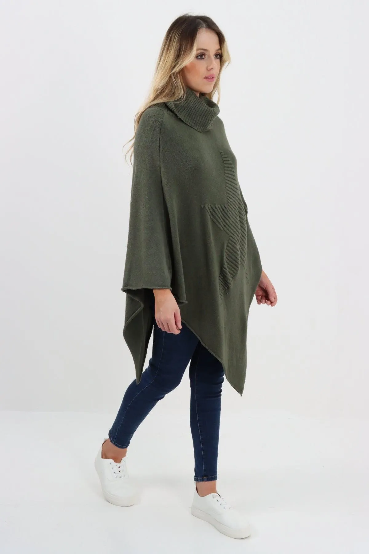 Made In Italy Star Ribbed Cowl Neck Poncho Top