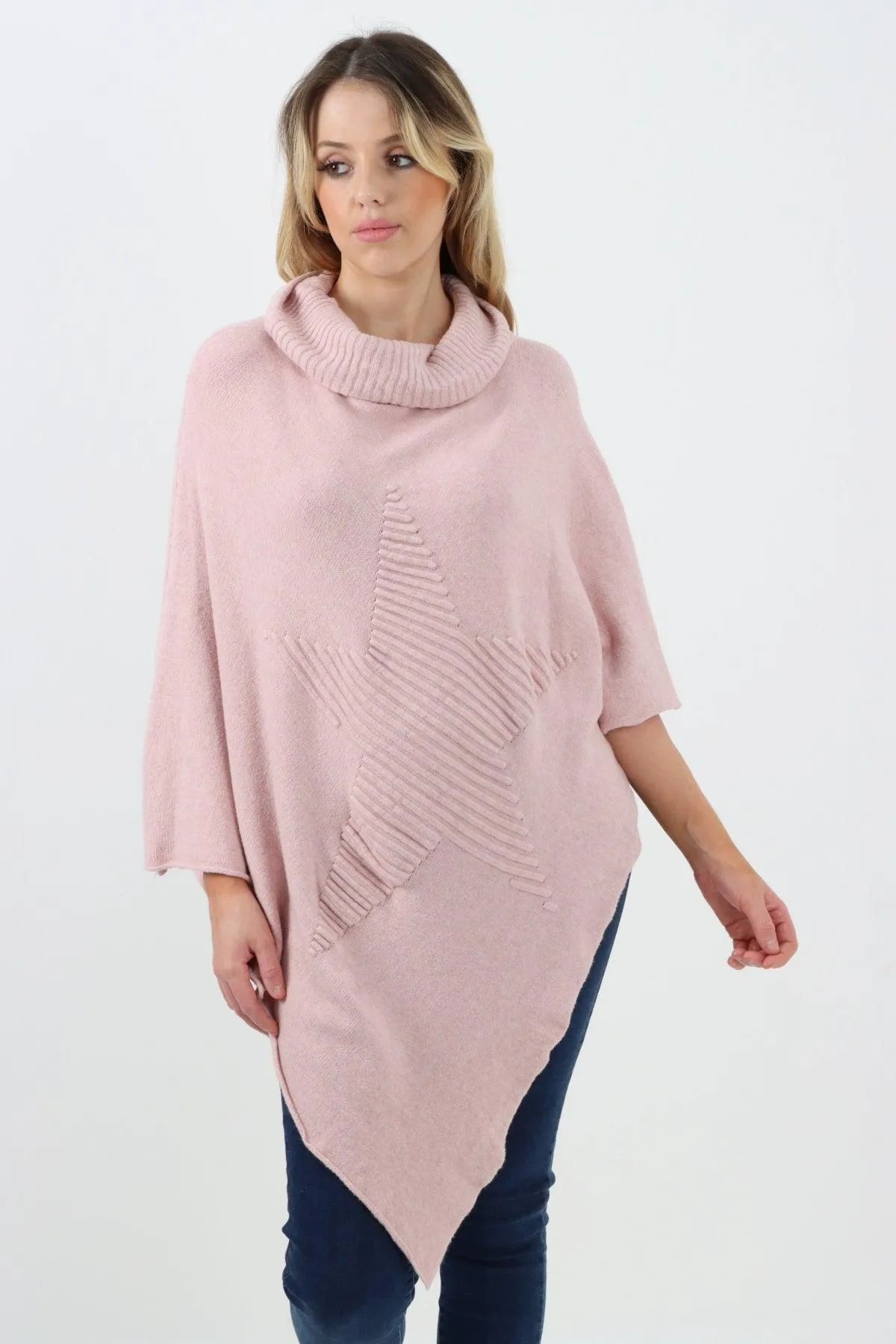 Made In Italy Star Ribbed Cowl Neck Poncho Top