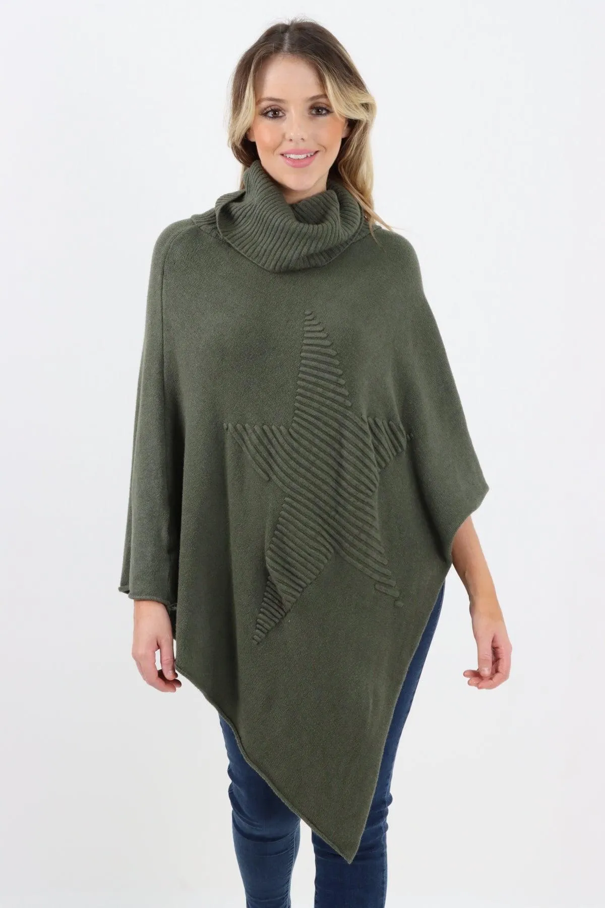 Made In Italy Star Ribbed Cowl Neck Poncho Top