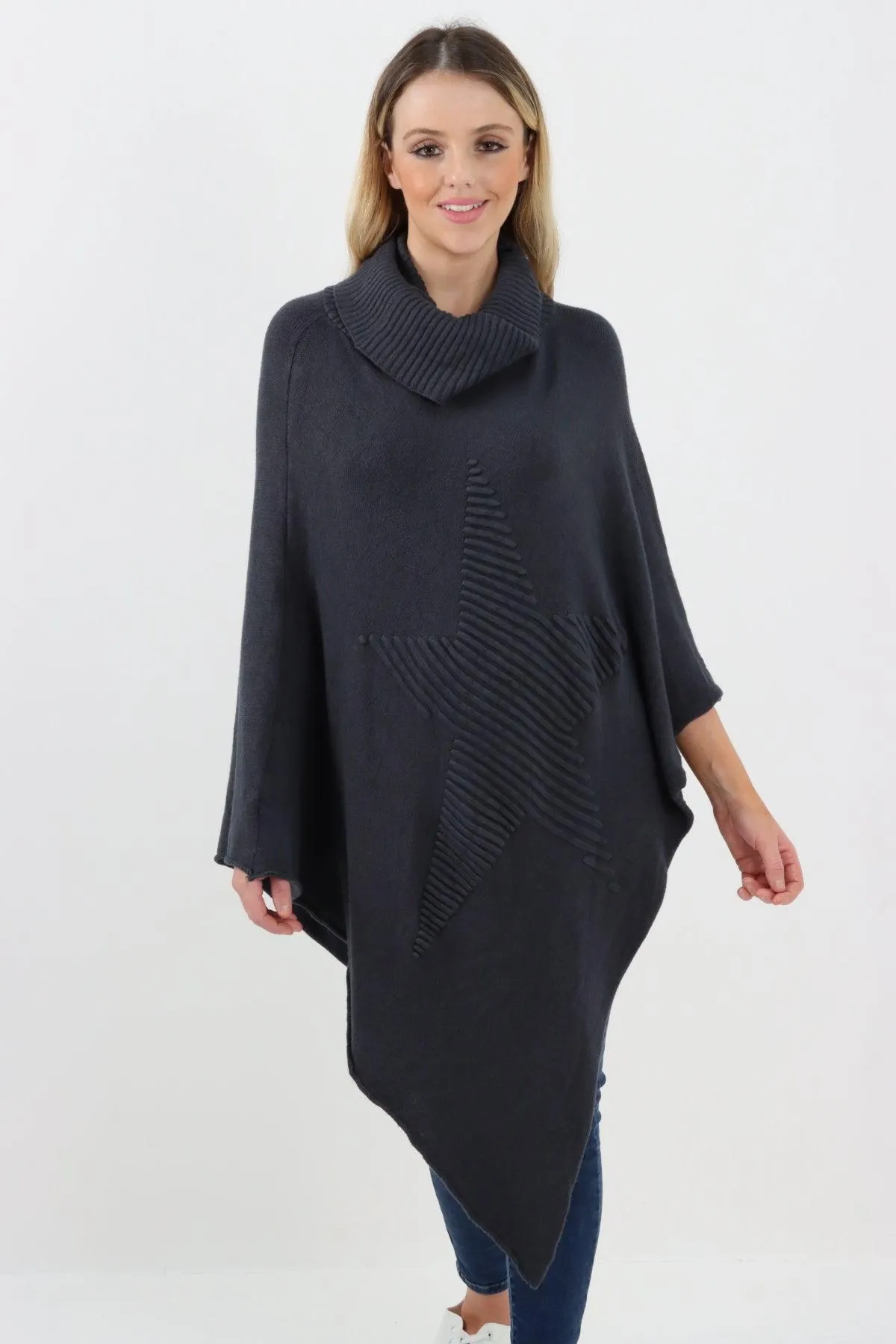 Made In Italy Star Ribbed Cowl Neck Poncho Top