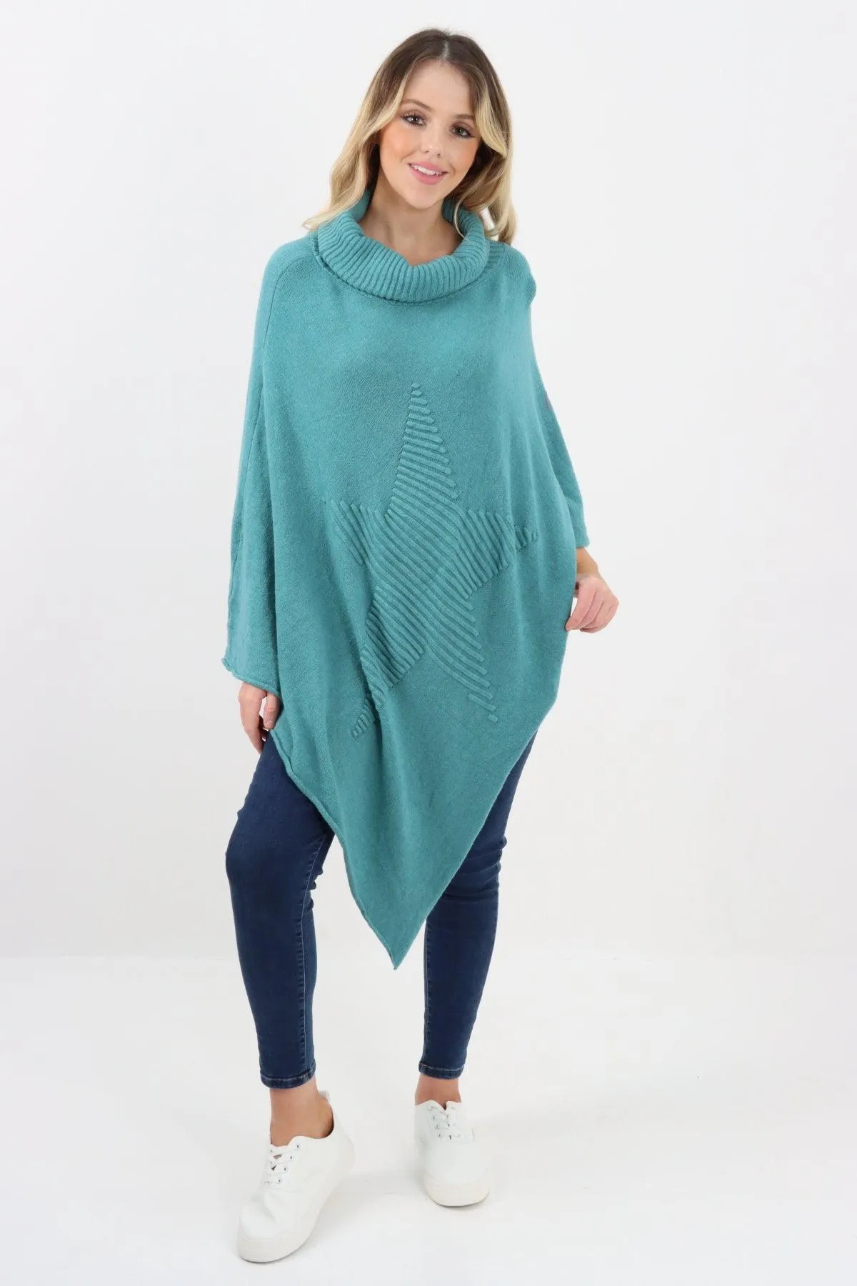 Made In Italy Star Ribbed Cowl Neck Poncho Top