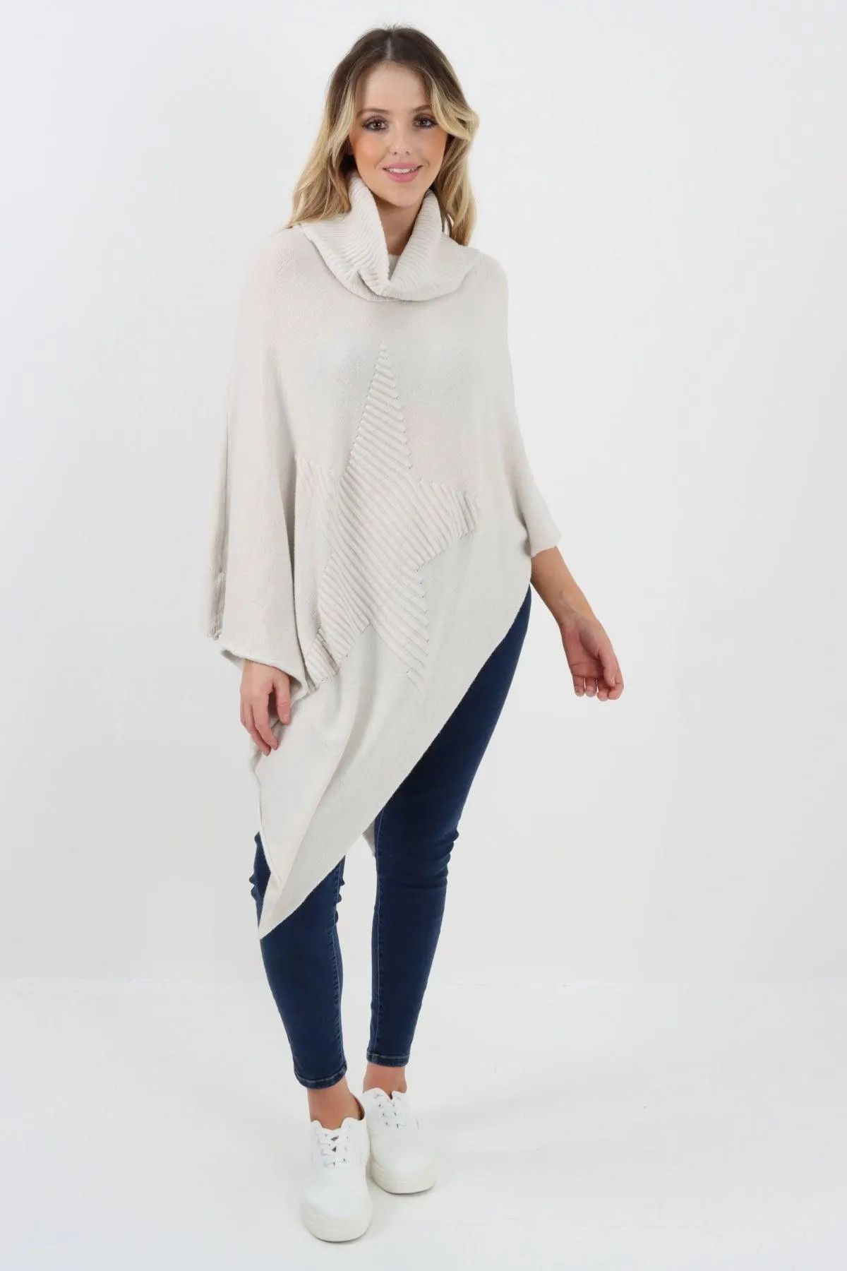 Made In Italy Star Ribbed Cowl Neck Poncho Top