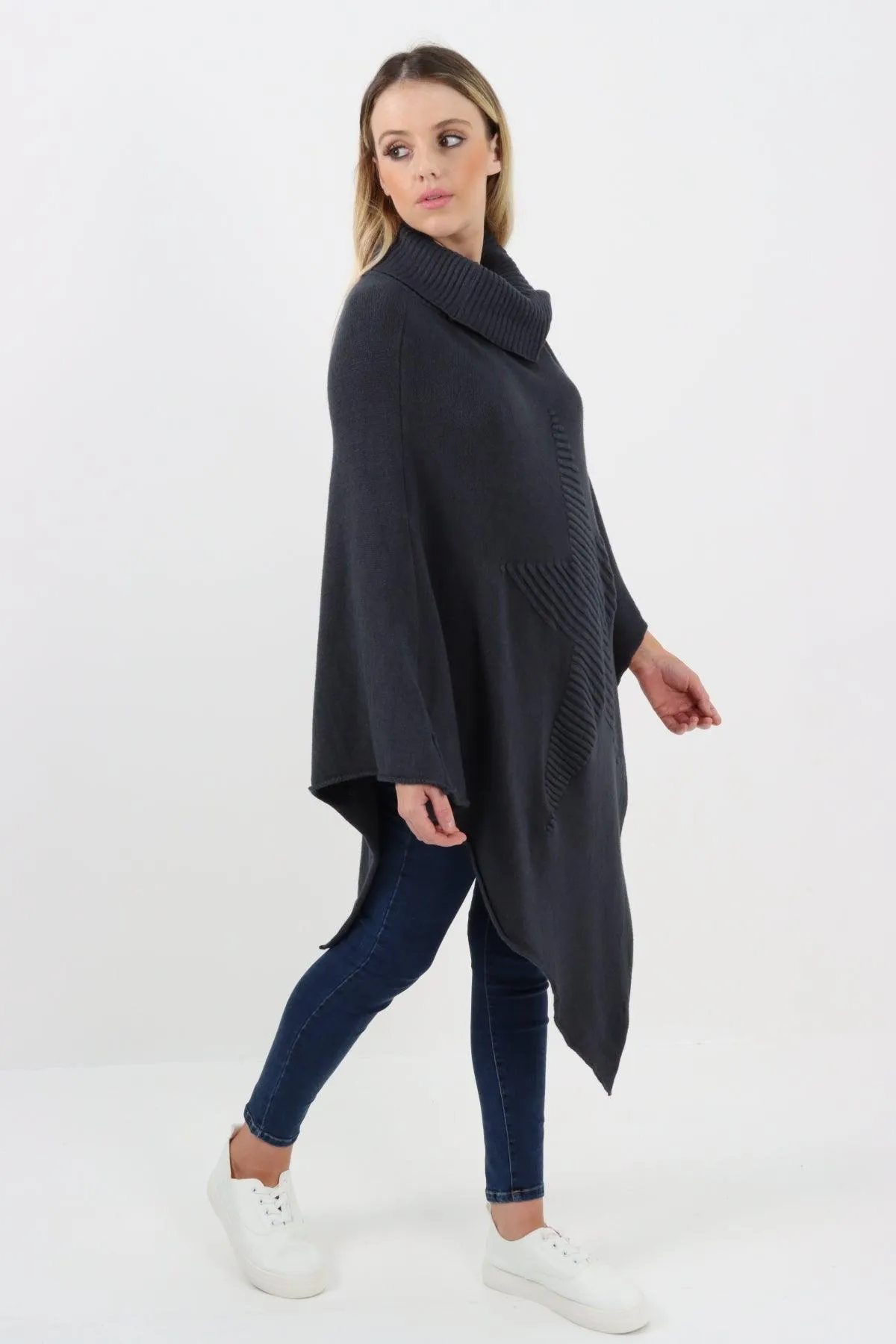 Made In Italy Star Ribbed Cowl Neck Poncho Top