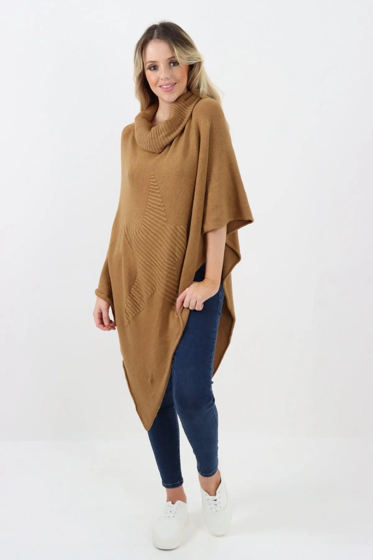 Made In Italy Star Ribbed Cowl Neck Poncho Top