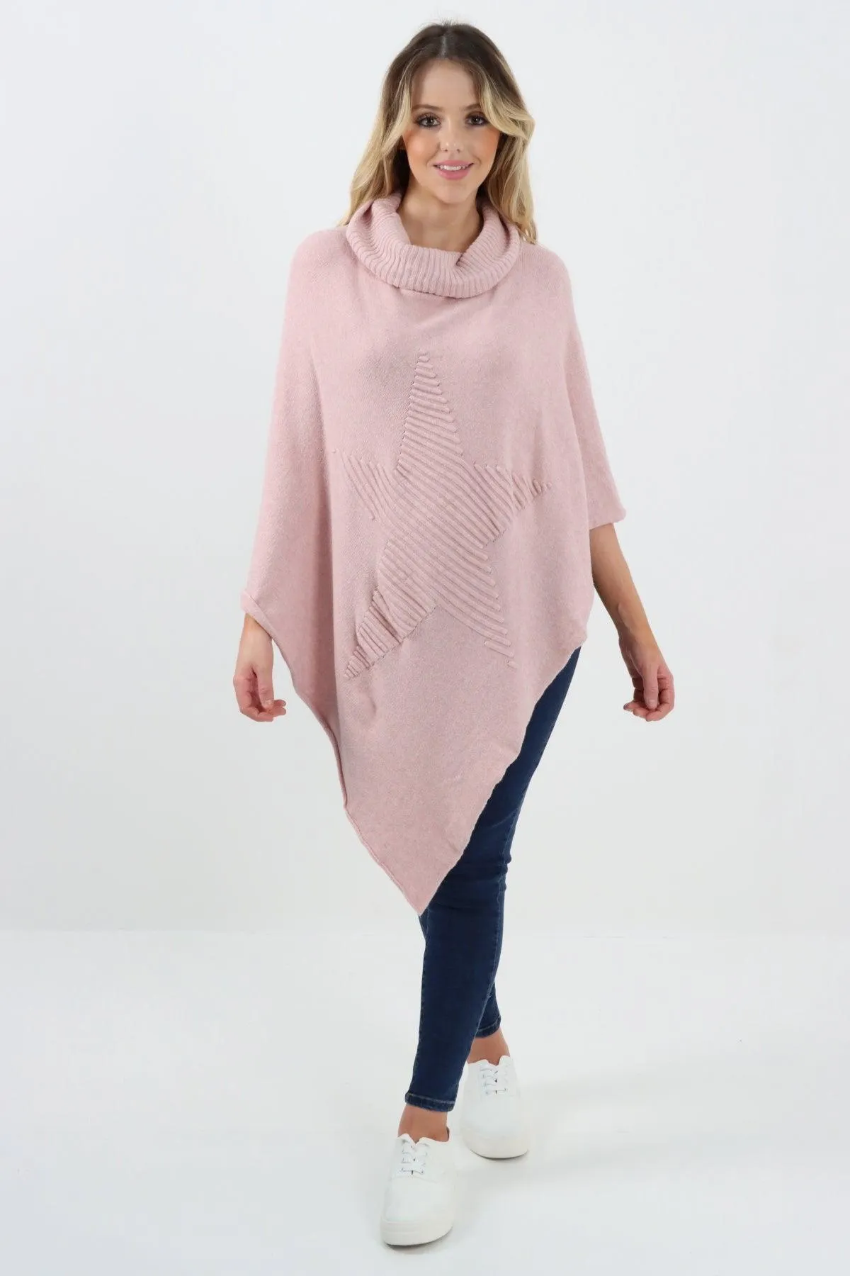 Made In Italy Star Ribbed Cowl Neck Poncho Top