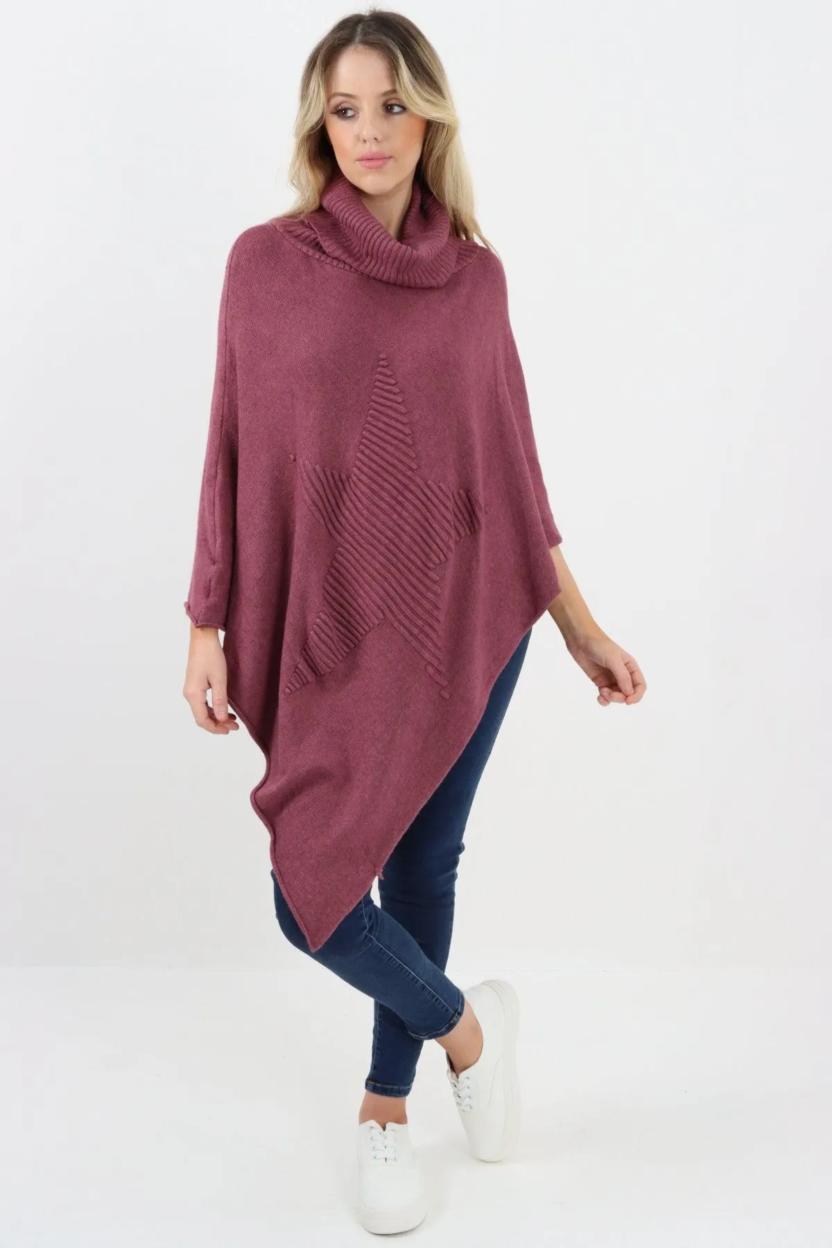 Made In Italy Star Ribbed Cowl Neck Poncho Top