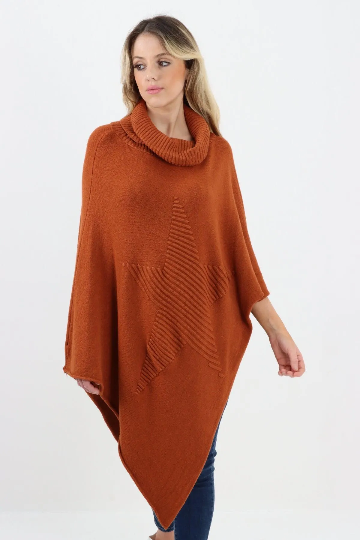 Made In Italy Star Ribbed Cowl Neck Poncho Top